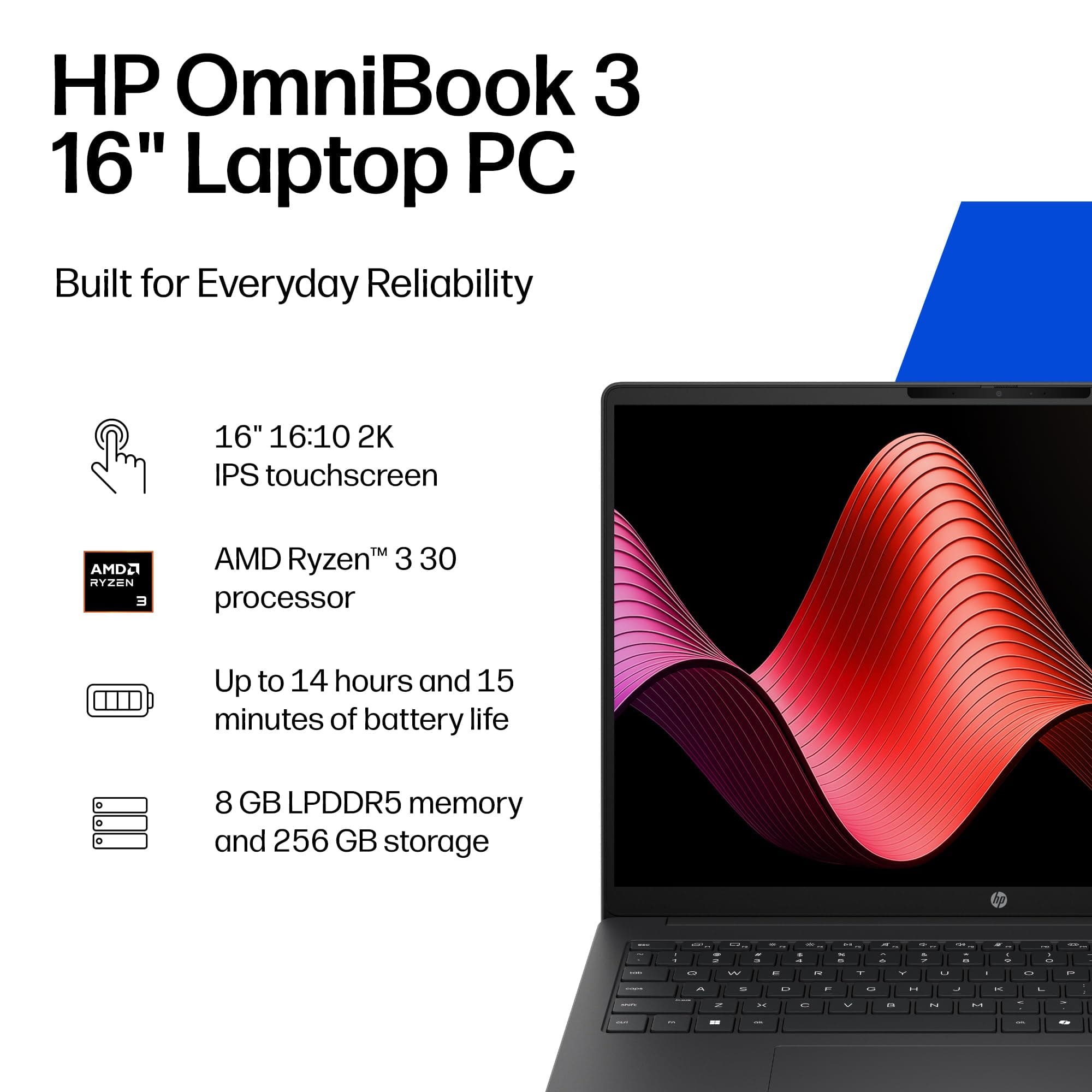 HP OmniBook 3 16 inch Laptop PC, 2K Touchscreen, AMD Ryzen 3 30, 8 GB RAM, 256 GB SSD, AMD Radeon 610M GPU, Windows 11 Home, Mica Silver, 16-by0199nr, view 2
