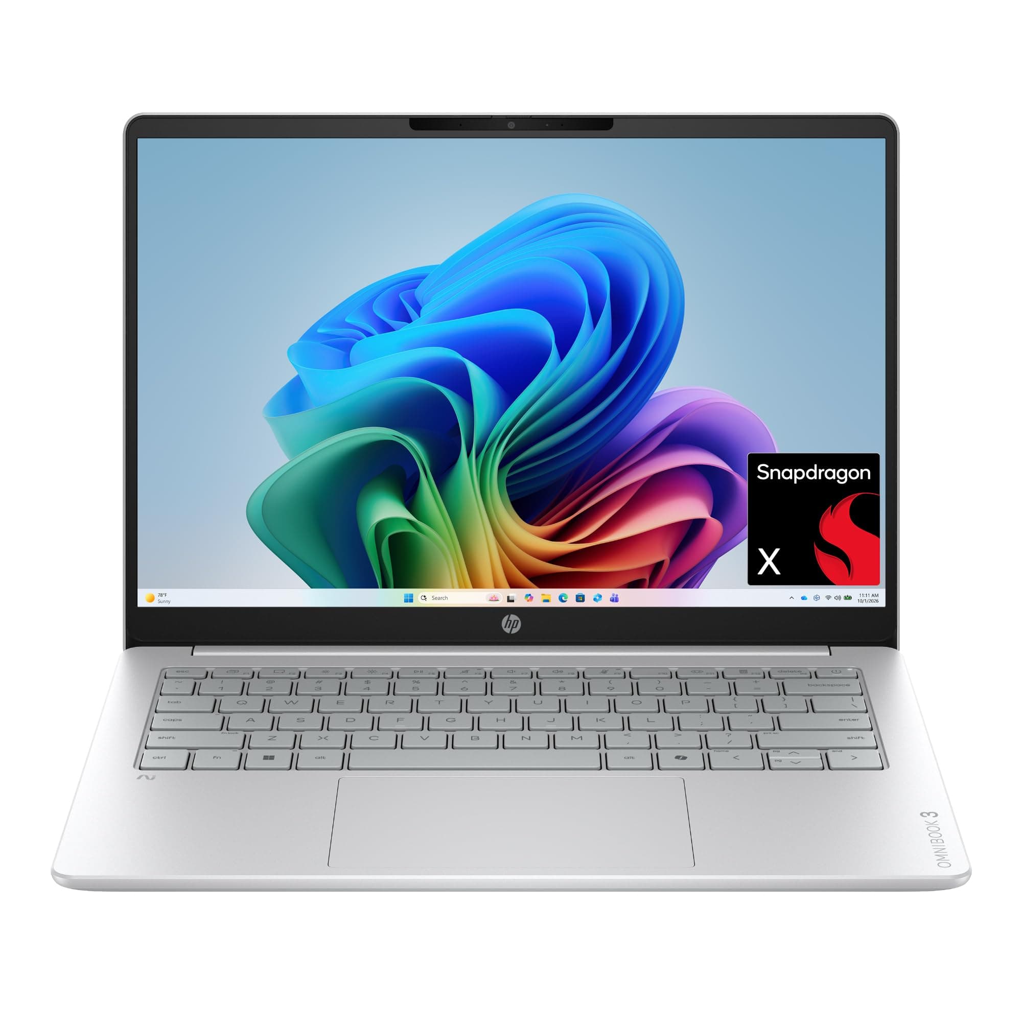 HP OmniBook 3 14 inch Next Gen AI PC, 2K Display, Snapdragon X X1-26-100, 16 GB RAM, 512 GB SSD, Qualcomm Adreno GPU, Windows 11 Home, Glacier Silver, 14-hz0099nr