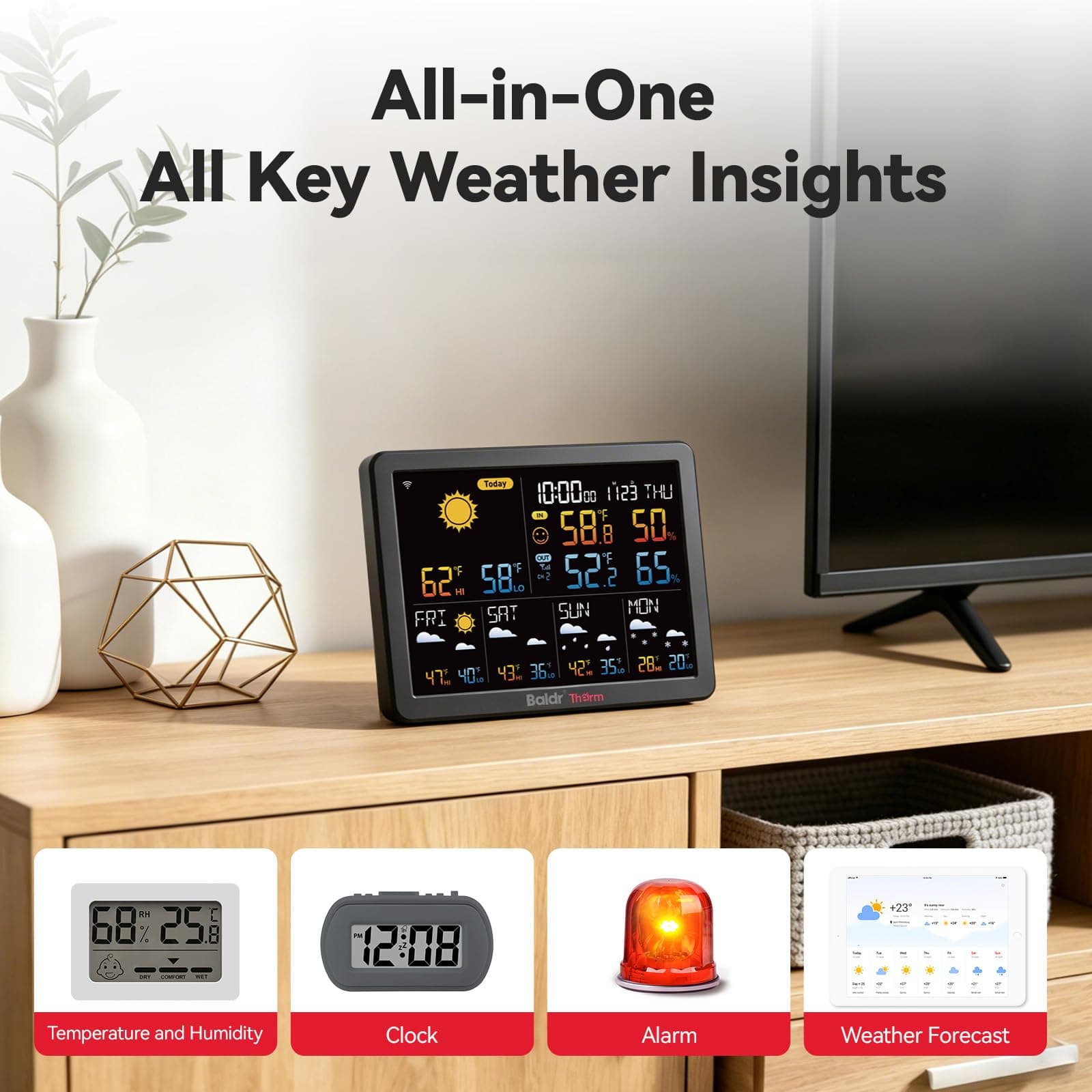 BaldrTherm WiFi Weather Station with 5-Day Forecast, Smart Backlight, Indoor Outdoor Thermometer Hygrometer with Remote App Alerts, 180m Range, 2.2” Large Display for Home, Garden, view 8