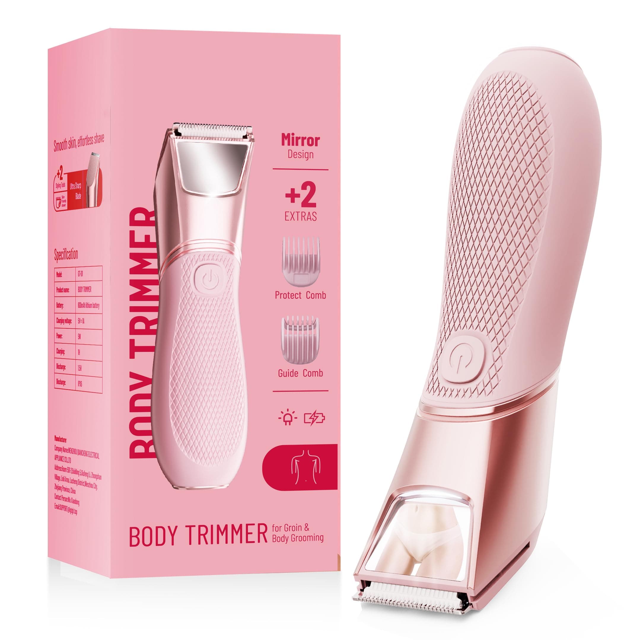 Rechargeable Bikini Trimmer for Women:Body Groomer with Mirror & LED Light for Shower Travel - IPX7 Waterproof Pubic Hair Razor, Ceramic Blades, Electric Shaver - Baby Pink
