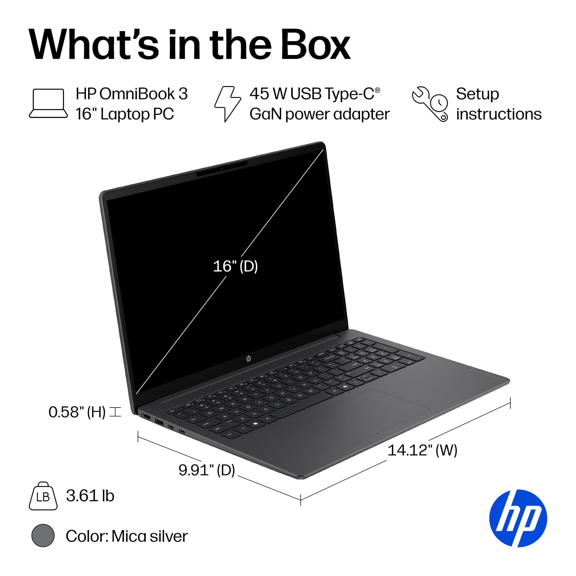 HP OmniBook 3 16 inch Laptop PC, 2K Touchscreen, AMD Ryzen 3 30, 8 GB RAM, 256 GB SSD, AMD Radeon 610M GPU, Windows 11 Home, Mica Silver, 16-by0199nr, view 10