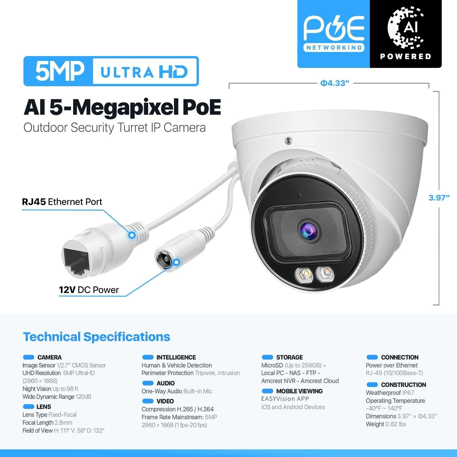 OHBET DahuaSecurity 5MP POE IP Turret Camera, view 2