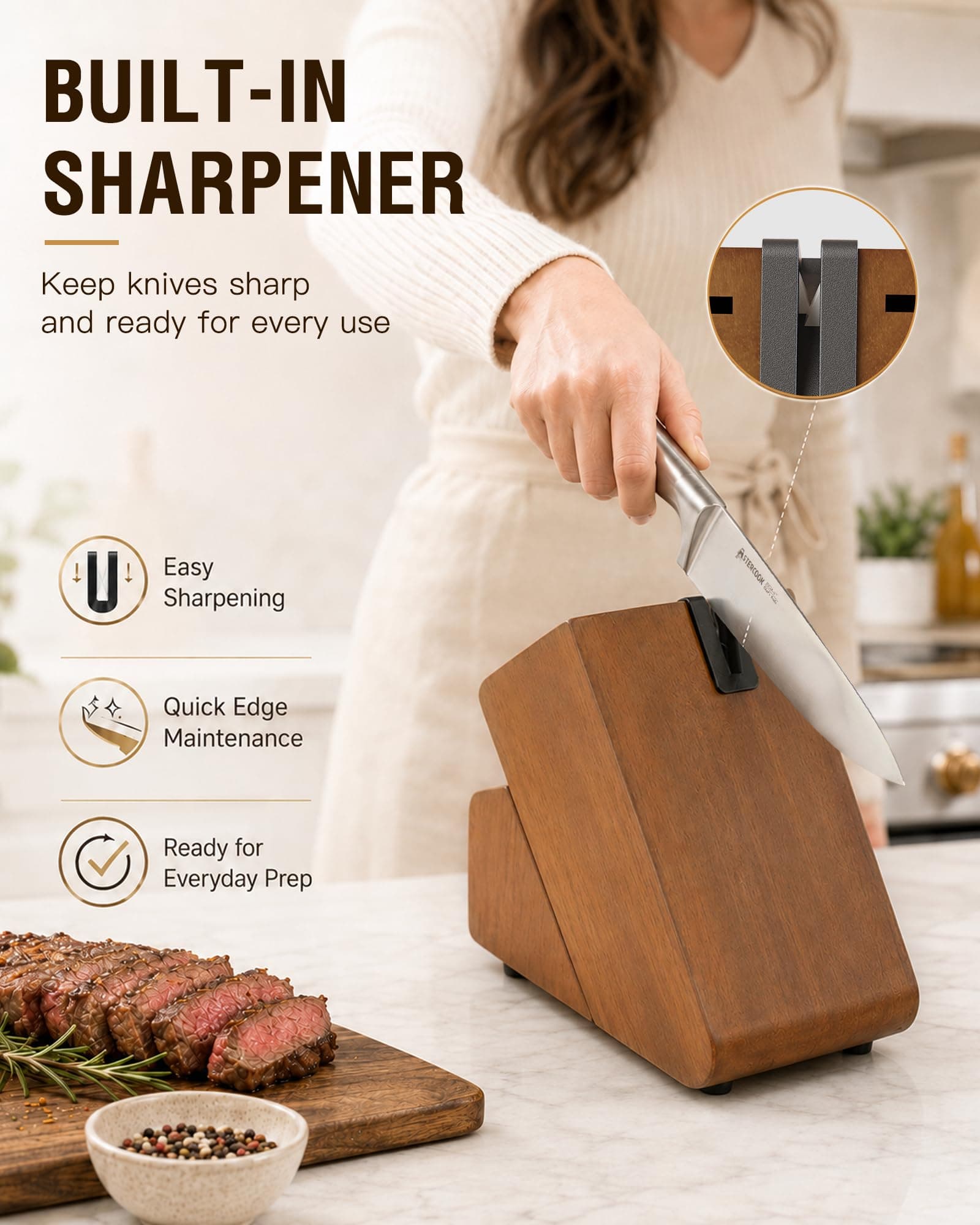 Astercook Knife Set 15 Piece German Steel Kitchen Knife Block Set, view 4