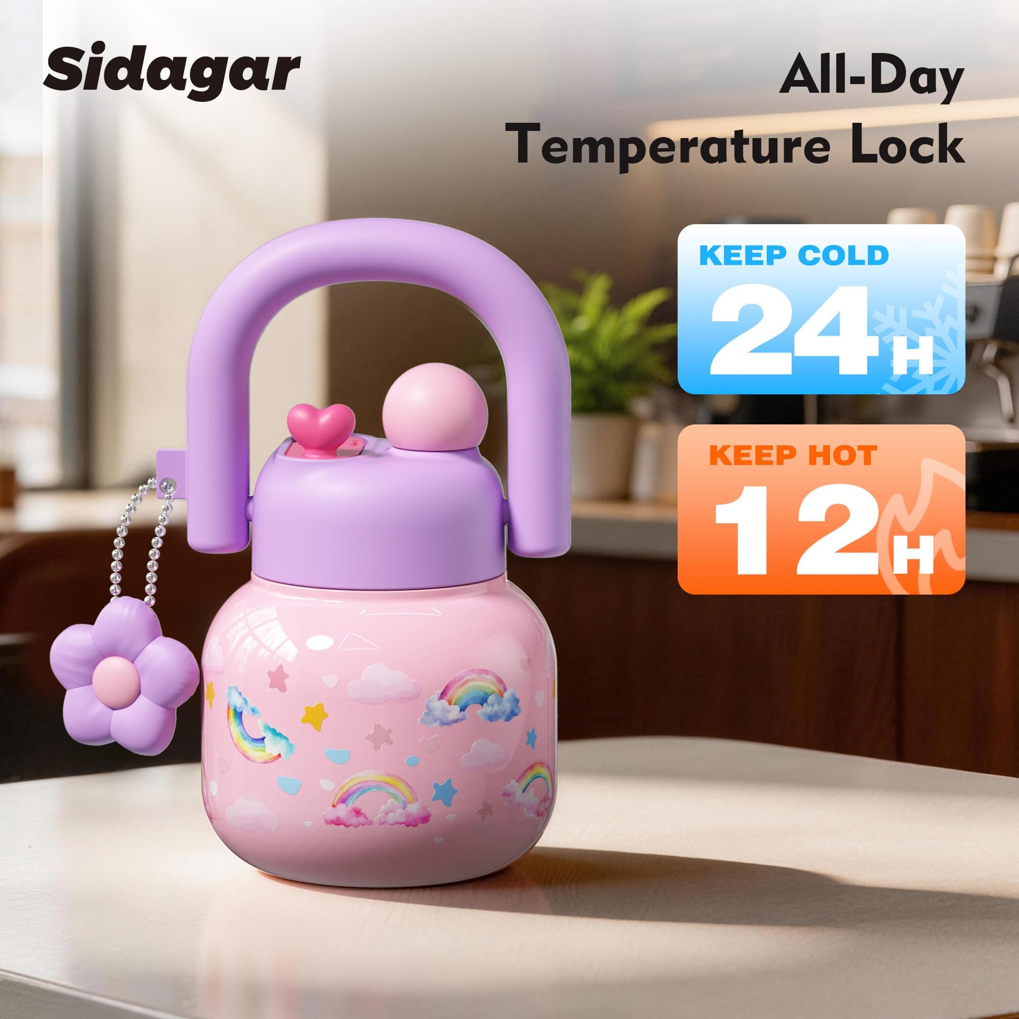 Sidagar 22 oz Tote Insulated Water Bottle with Handle, Leakproof, Rainbow, view 5