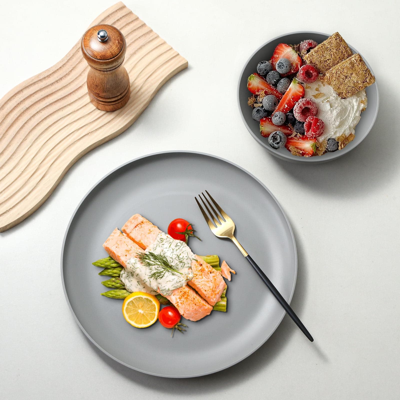 YARRGGU 24-Piece Dinnerware Set, Service for 8, Unbreakable Plates and Bowls Set, BPA-Free, Dishwasher Safe, Gray Tableware for Kitchen, Party and Picnic, view 6