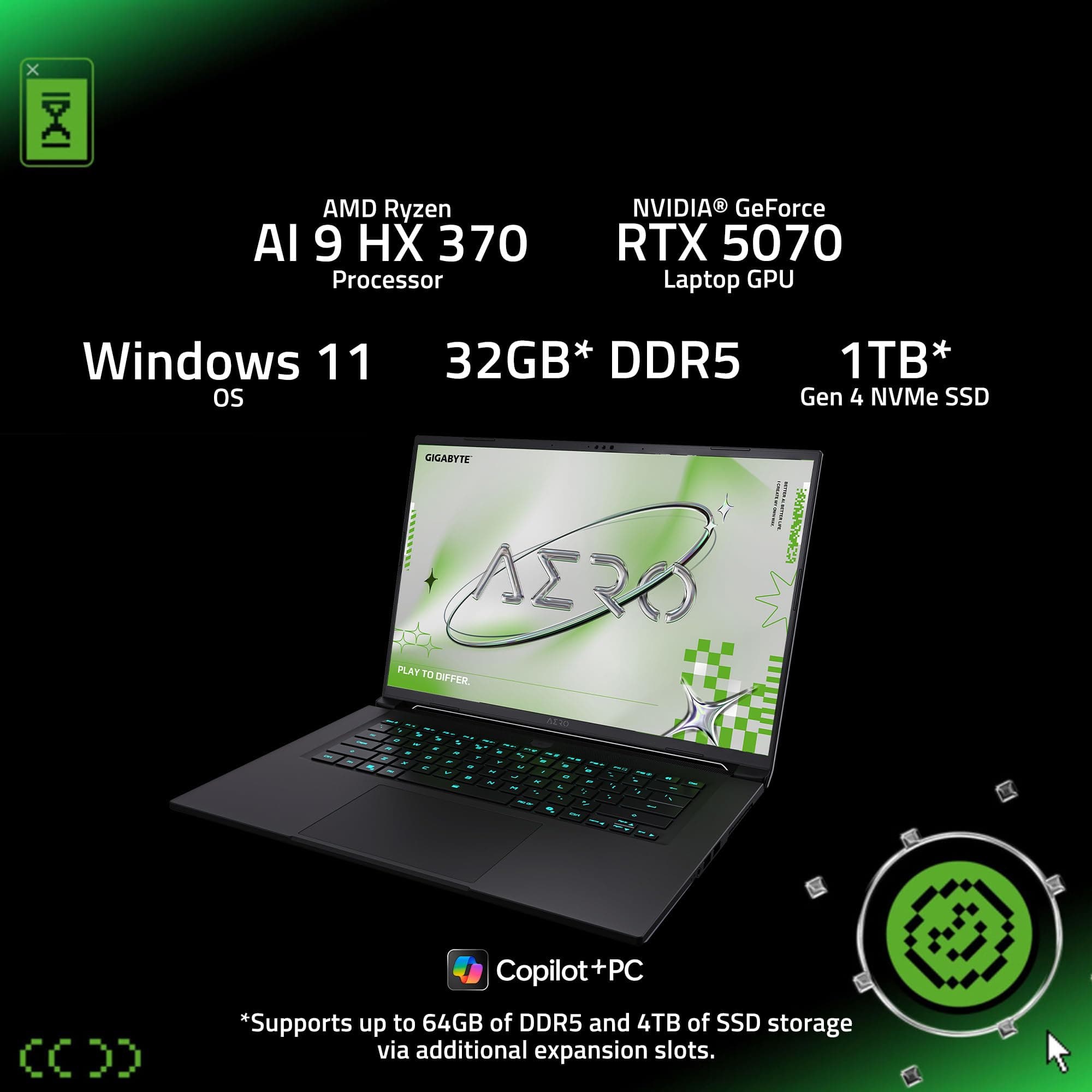 GIGABYTE AERO X16, Copilot+ PC - 165Hz 2560x1600 WQXGA - Manufactured by NVIDIA GeForce RTX 5070 - AMD Ryzen AI 9 HX 370-1TB SSD with 32GB DDR5 RAM - Windows 11 Home - Lunar White - 2WHA3USC64DH, view 2