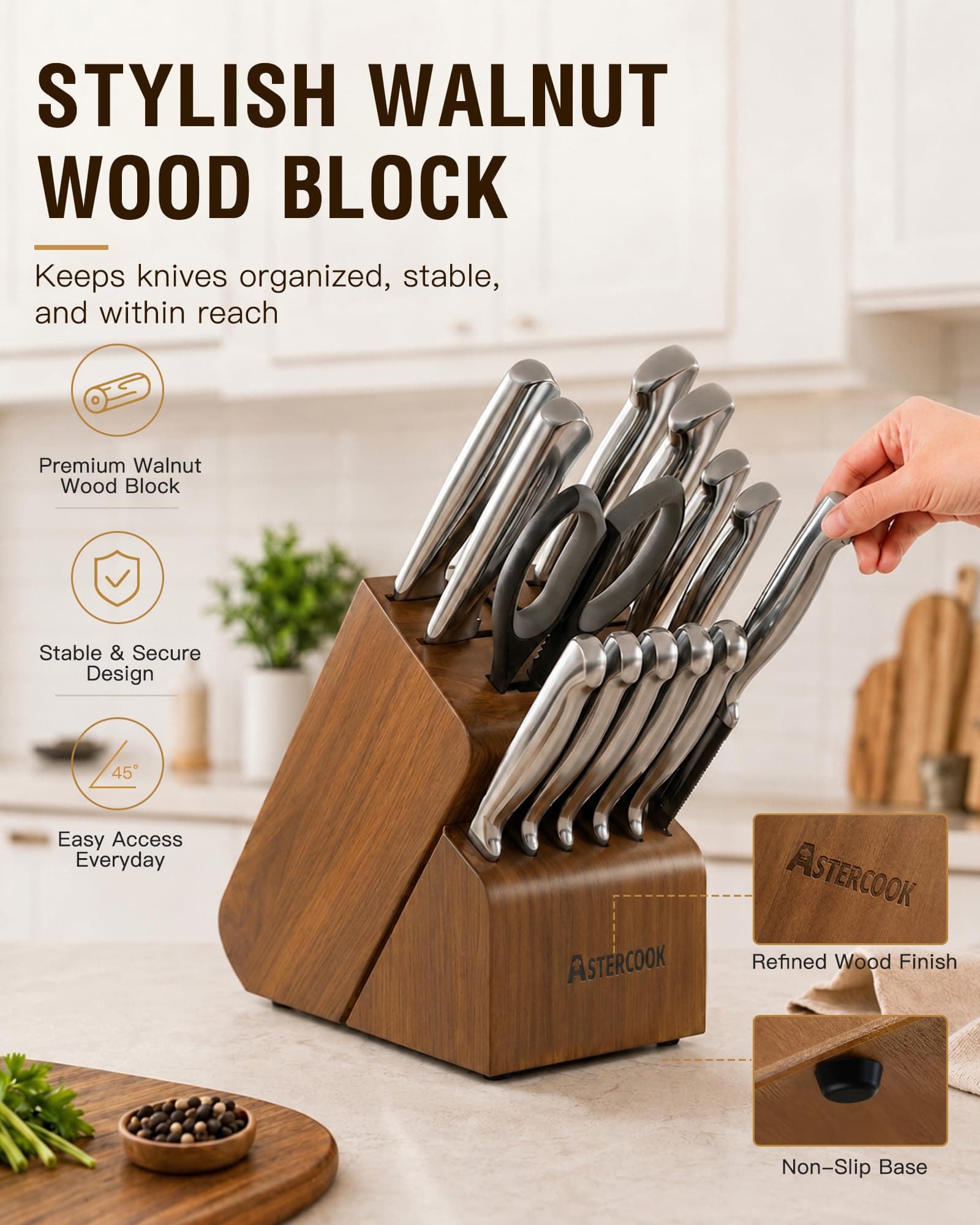 Astercook Knife Set 15 Piece German Steel Kitchen Knife Block Set, view 6