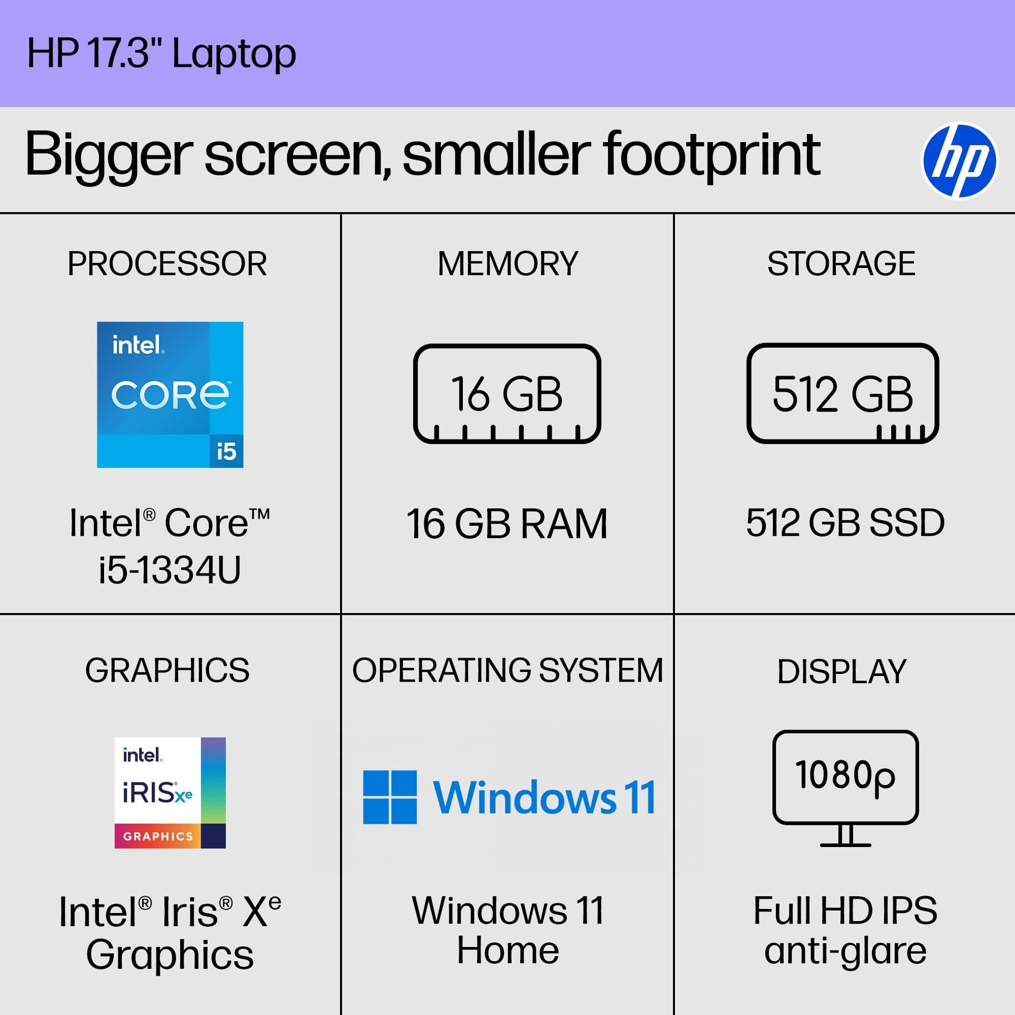HP 17.3 inch Laptop, FHD Display, Intel Core i5-1334U, 16 GB RAM, 512 GB SSD, Intel Iris Xe Graphics, Windows 11 Home, Natural Silver, 17-cn3399nr, view 2