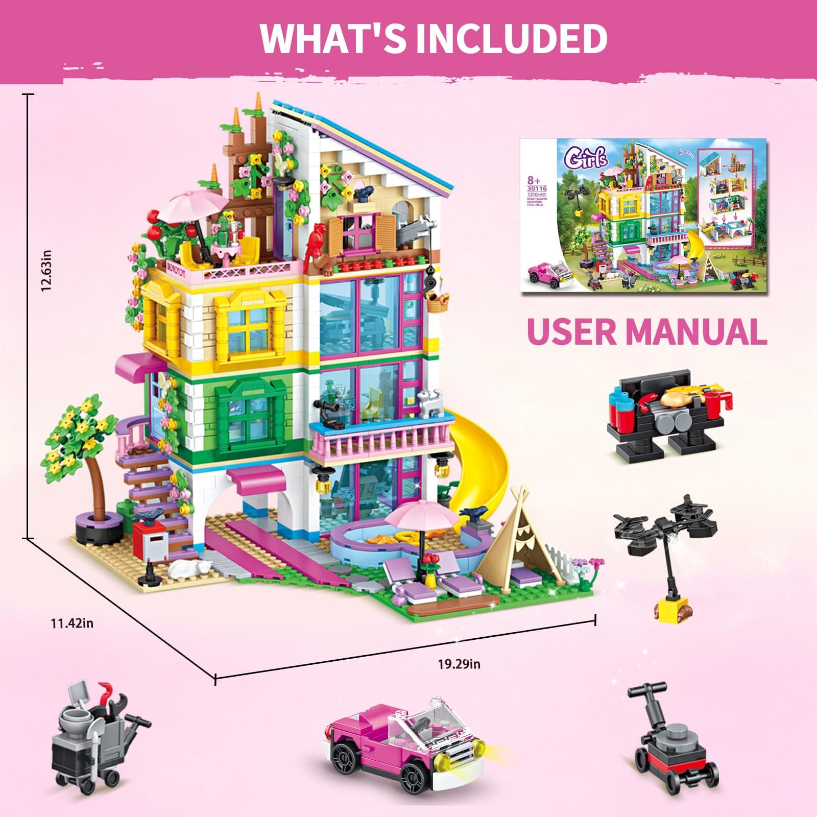 4-Story Villa Building Set for Girls, House Building Block Set with Heart Pool, Piano Room & Pink Car, 1310 Pcs Toys & Christmas Birthday Gifts for Kids Girls Ages 8-12, Compatible with Lego, view 2