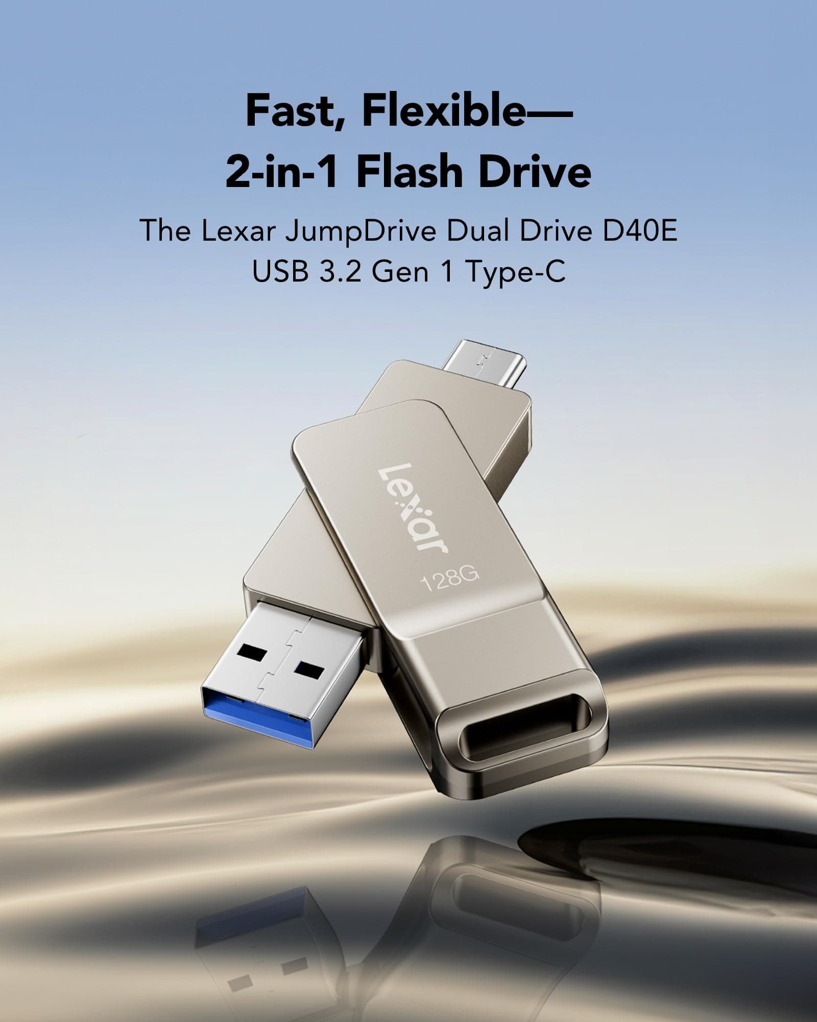 Lexar D40E 128GB Dual USB 3.2 Gen 1 Type-C Jump Drive, Champagne Silver, view 3