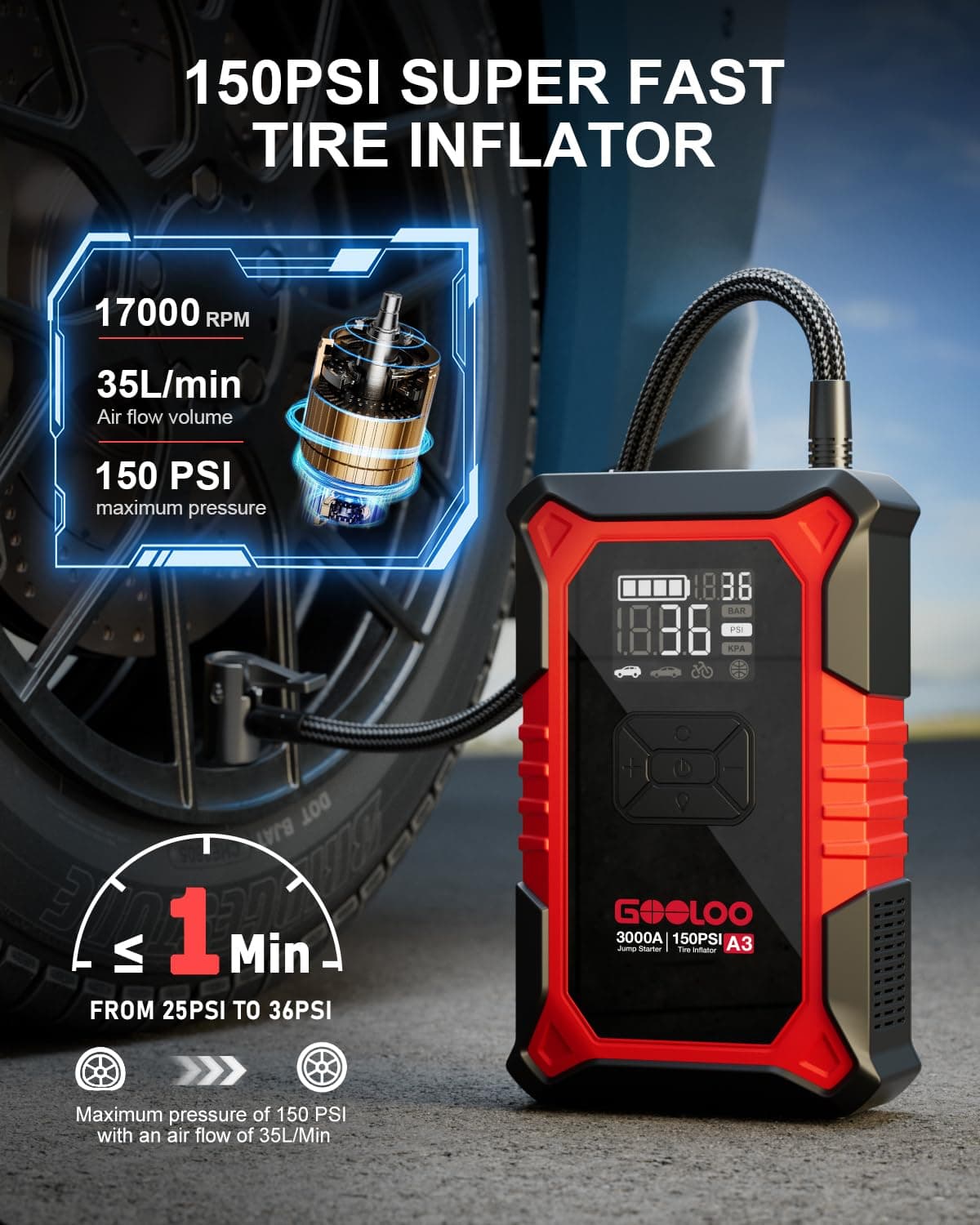 GOOLOO A3 12V 3000A Portable Jump Starter with Air Compressor, view 3