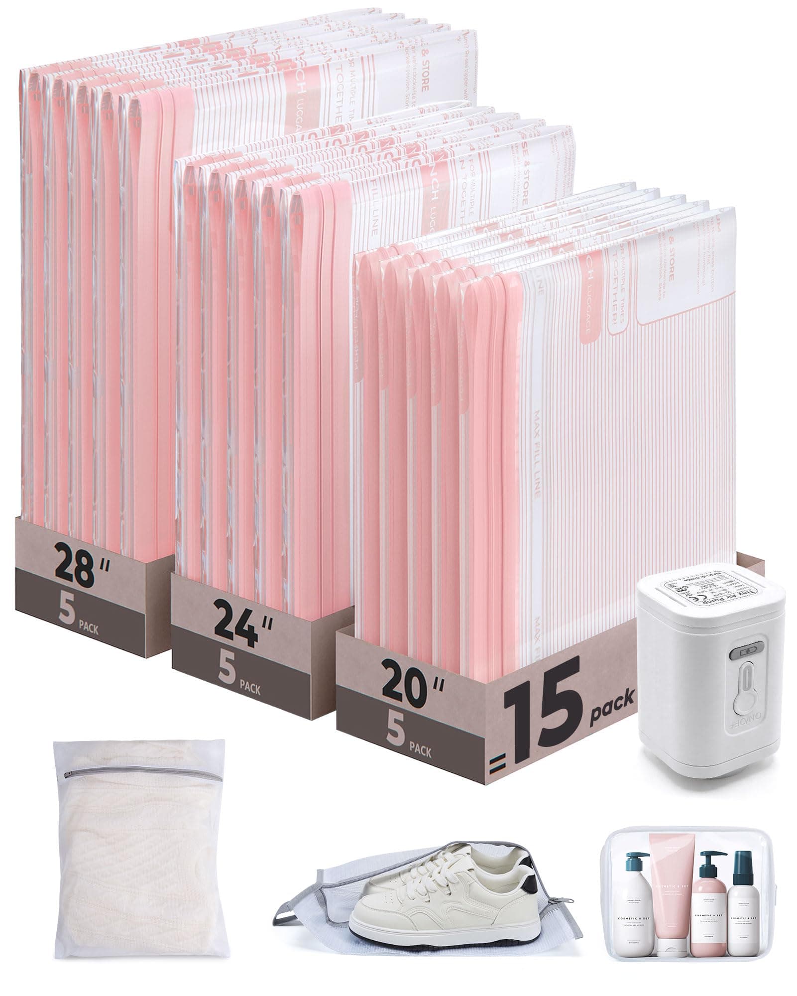 BAGSMART Vacuum Bags for Travel with Rechargeable Air Pump, Portable Space Saver Bags for Travel & Home, Vacuum Compression Seal Bag for Clothing, 18 Pack Pink with Shoe, Laundry & Toiletry Bags
