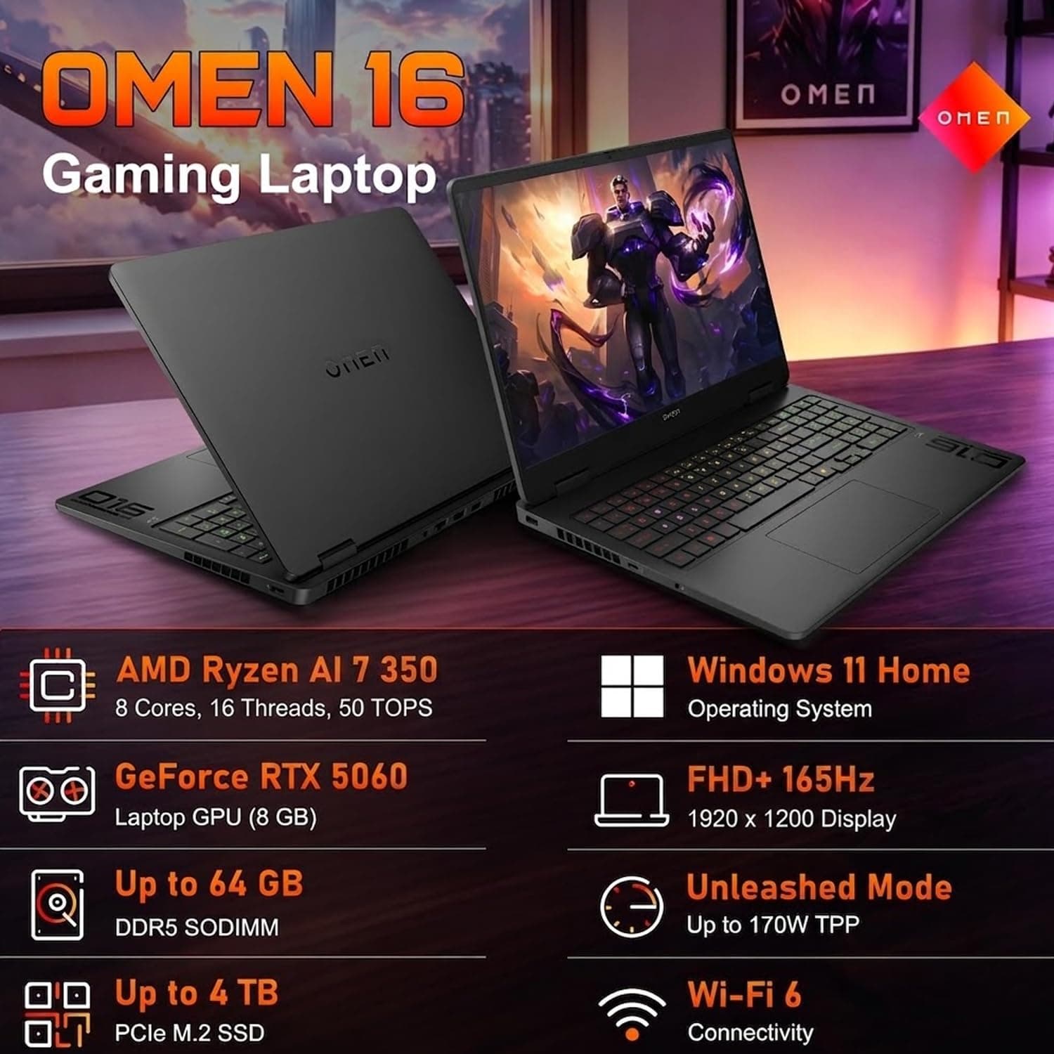 HP Omen 16 16" AMD Ryzen AI 7 350 RTX 5060 Gaming Laptop, 16GB DDR5 1TB SSD, view 2