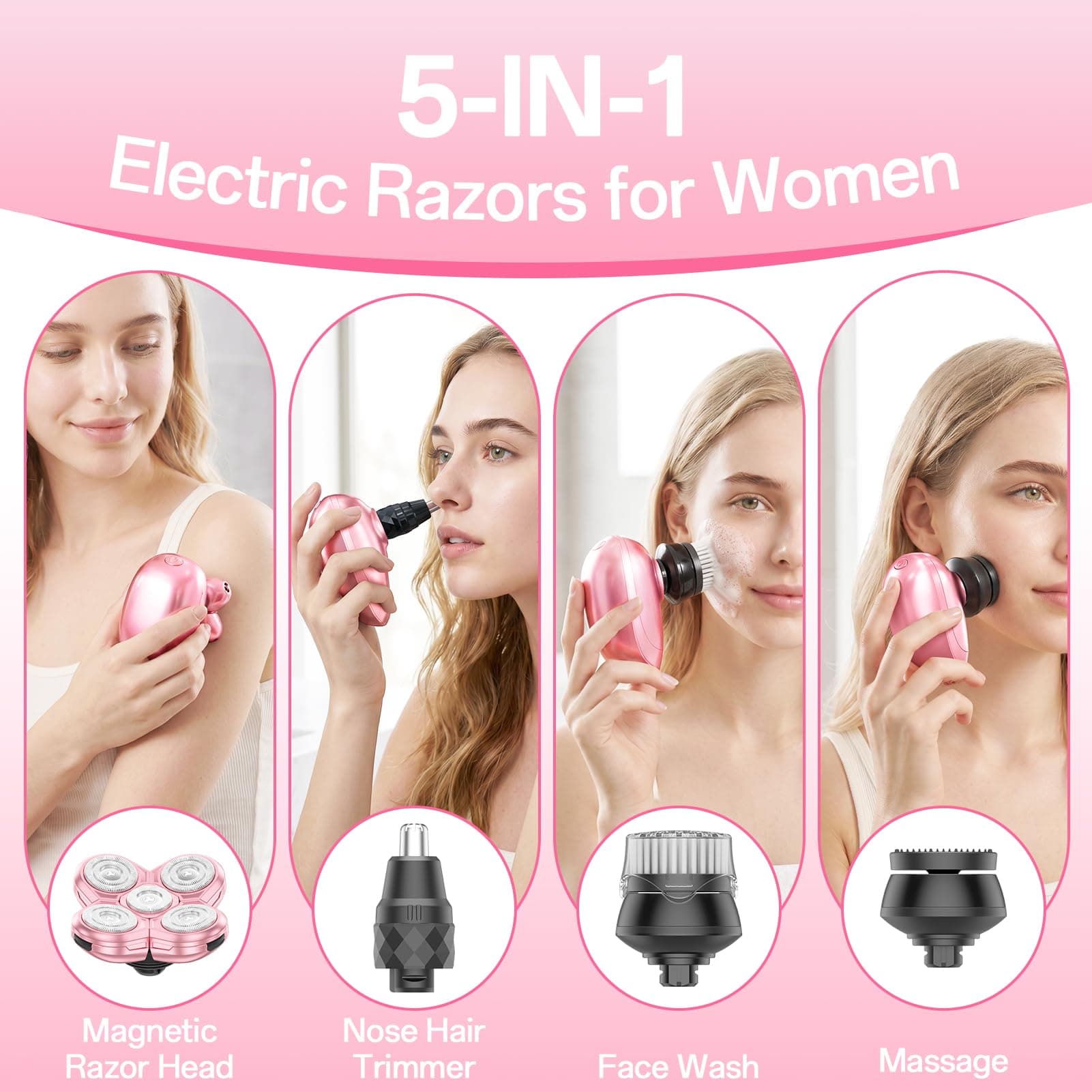5-in-1 Electric Razors for Women, Portable Electric Shavers for Full Body, Waterproof Wet/Dry, Rechargeable Hair Remover for Lady Legs, Face, Underarms, Lips, Arms, view 2