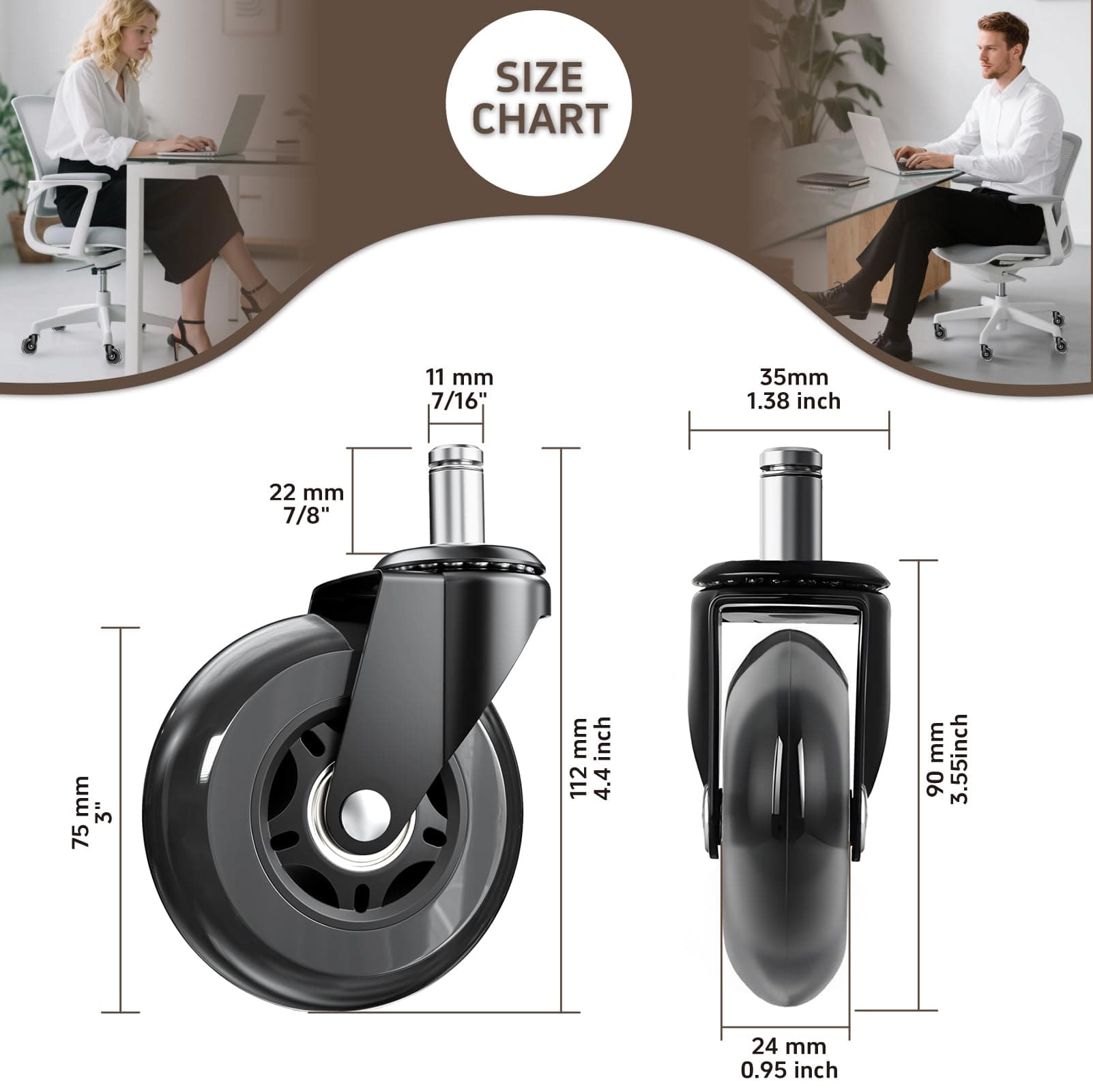 ASHGOOB 3 Inch Office Chair Wheels, Set of 5 (Black), view 2