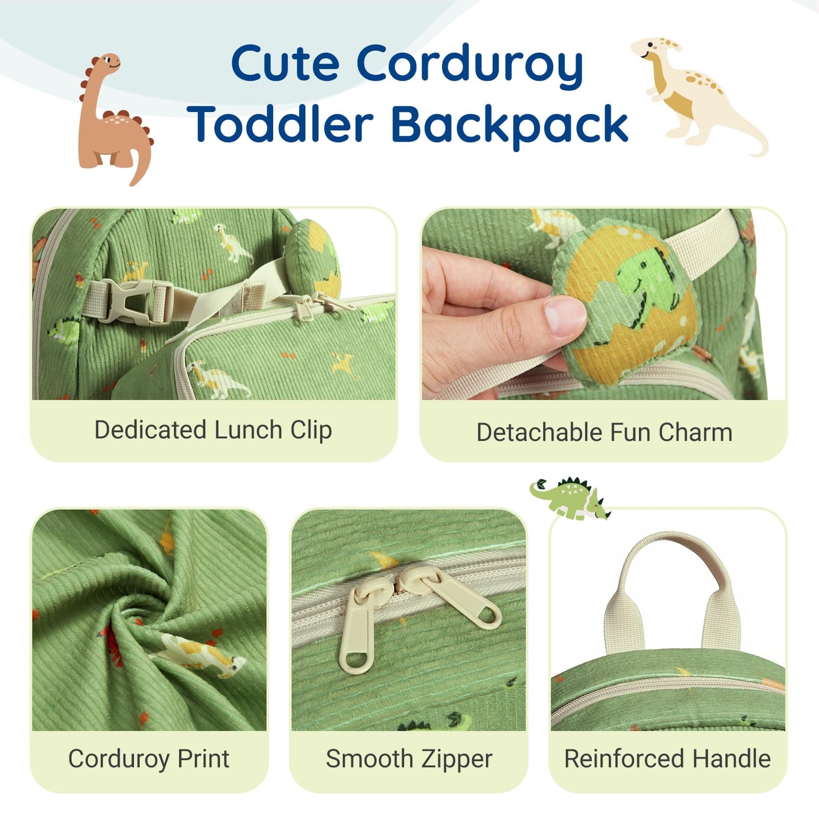mommore Toddler Backpack for Boys 2-4, Corduroy Kids Backpack, 13" H Preschool Kindergarten Daycare School Bag Dinosaur Bookbag, view 4