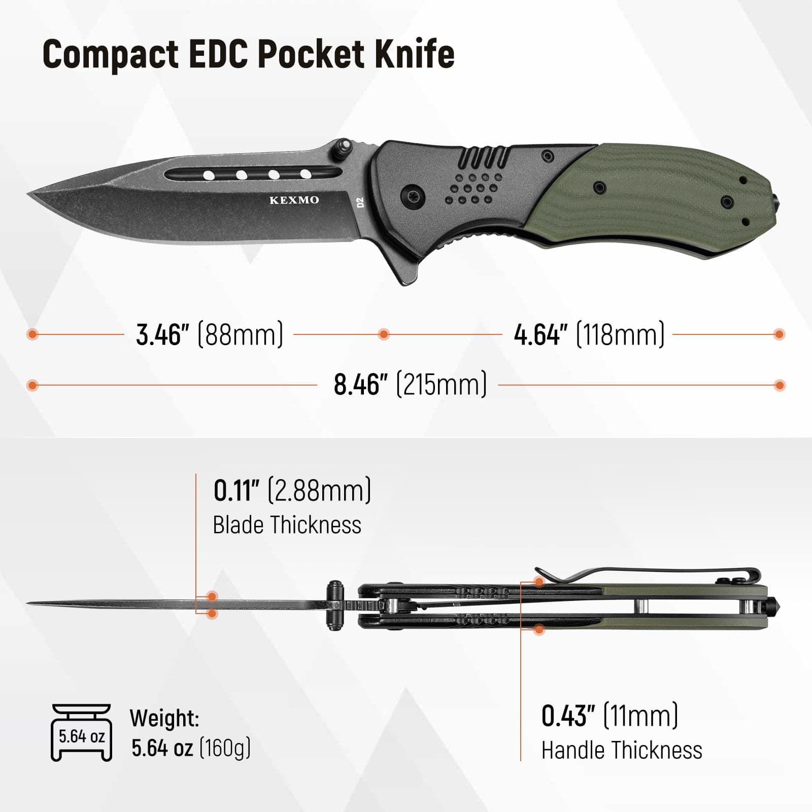 KEXMO Folding Pocket Knife with 3.46" D2 Steel Black Stone Wash Blade and G10 Handle Small Camping Knife for Men Women EDC Outdoor Survival Fishing, Green, view 2