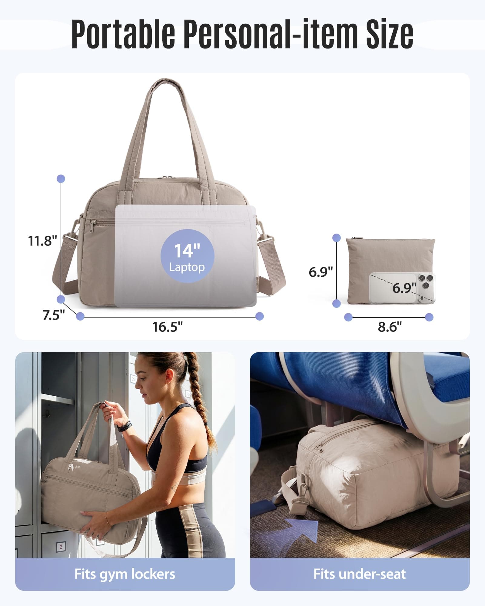 LIGHT FLIGHT Personal Item Travel Bag, Lightweight Gym Bag for Women, 20L Weekender Duffel Bag with Toiletry Pouch, Carry on Overnight Dance Duffle, Camel, view 2