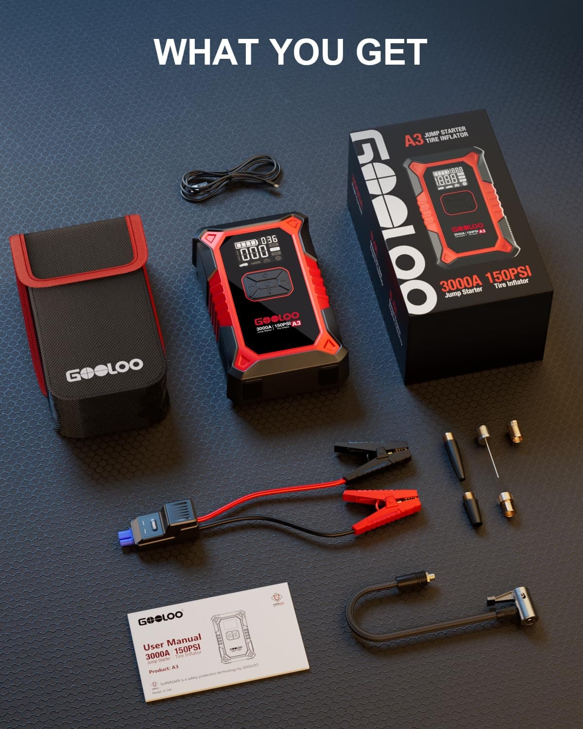 GOOLOO A3 12V 3000A Portable Jump Starter with Air Compressor, view 8
