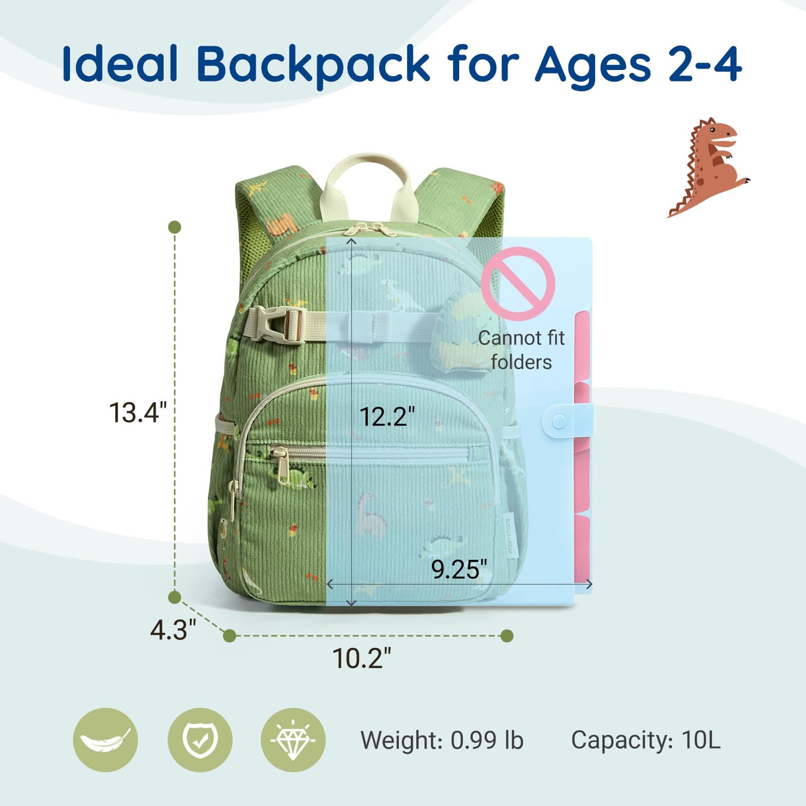 mommore Toddler Backpack for Boys 2-4, Corduroy Kids Backpack, 13" H Preschool Kindergarten Daycare School Bag Dinosaur Bookbag, view 6