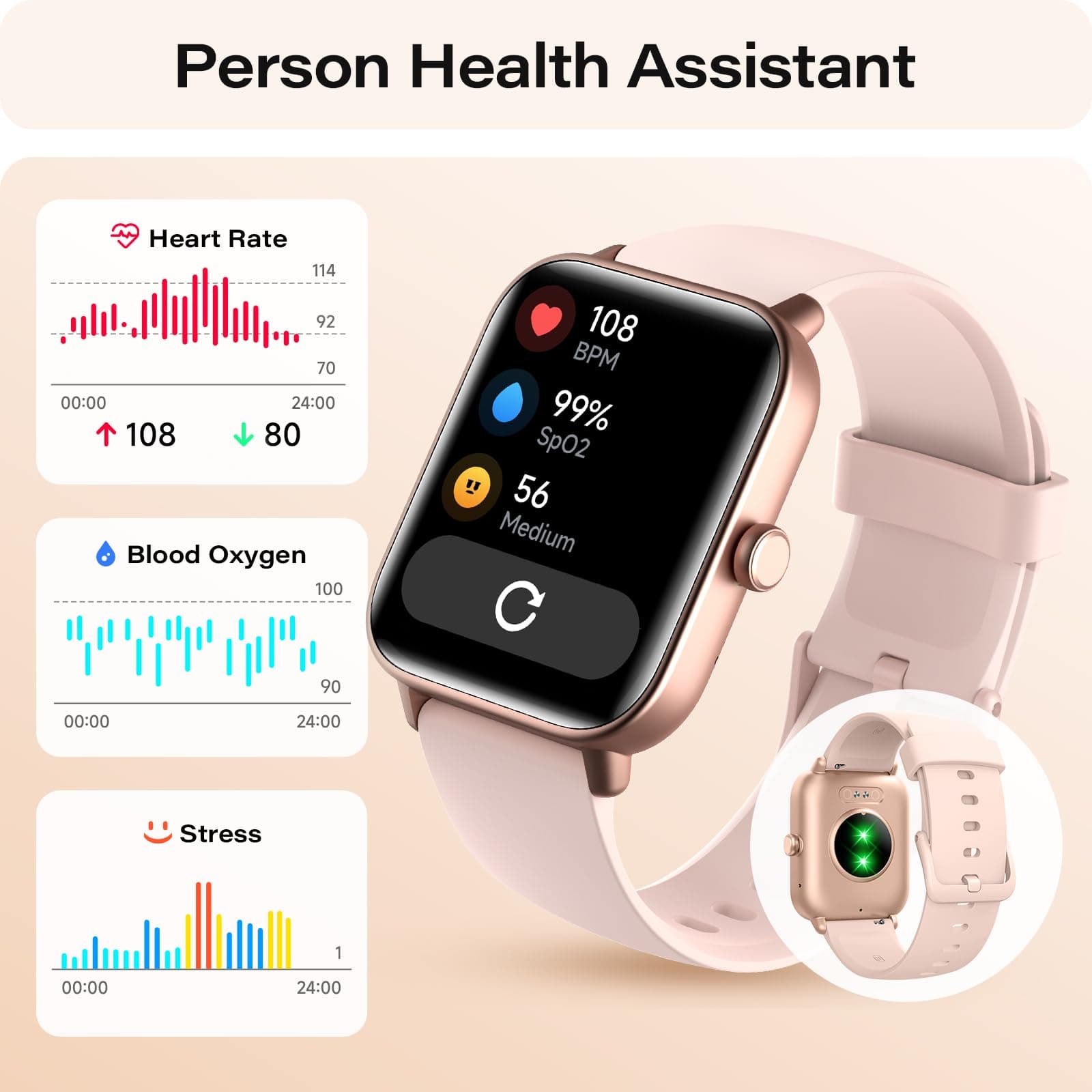 WNH Smart Watch for Women Android & iPhone, 1.8" Touch Screen Fitness Tracker with Alexa, Call & Notification Alerts, Heart Rate/Sleep/SpO2 Monitor, IP68 Waterproof, 120+ Sport Modes (Pink), view 5