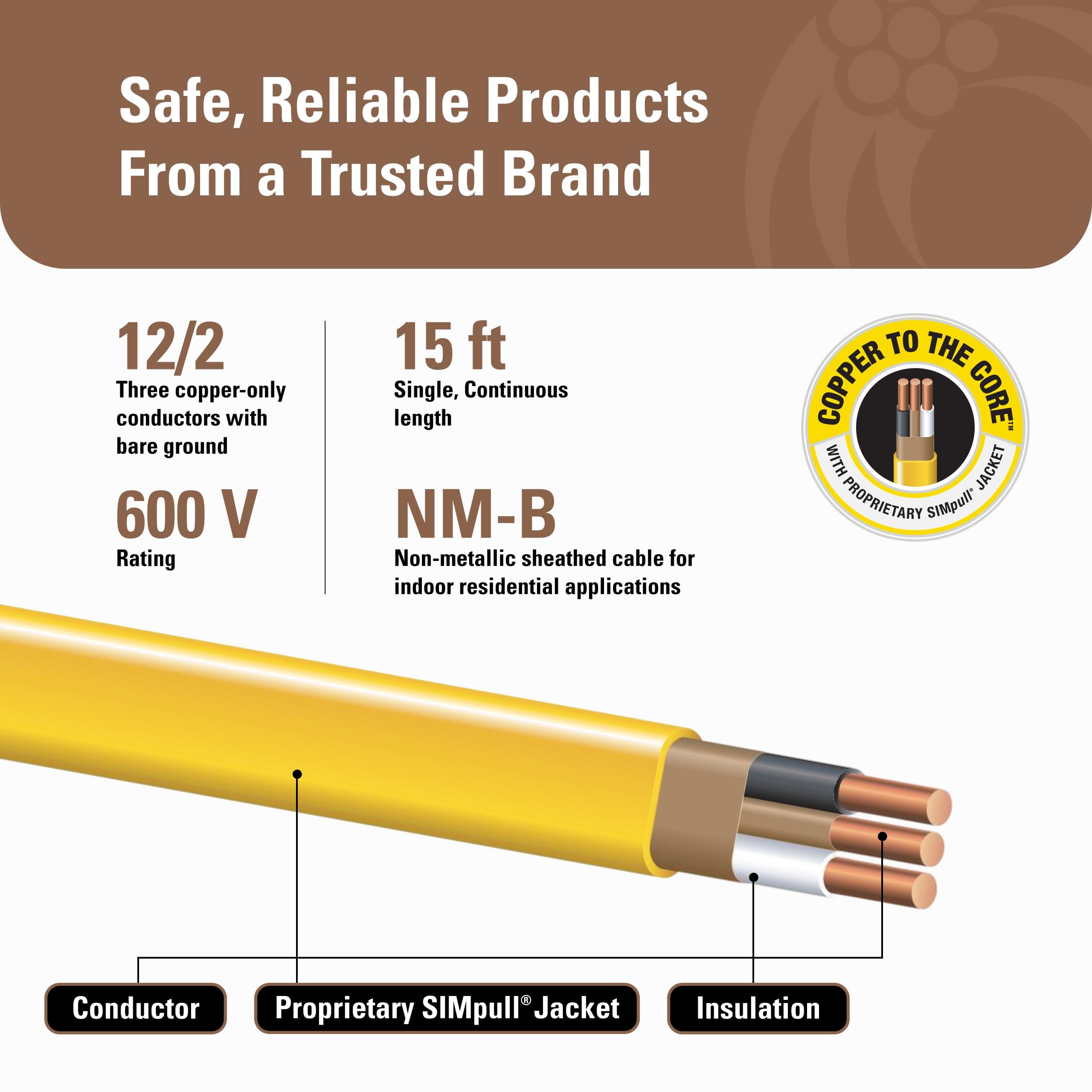 Southwire Romex Brand Simpull™ Solid Indoor 12/2 W/G NMB Cable 15ft coil - SW# 28828226, view 4