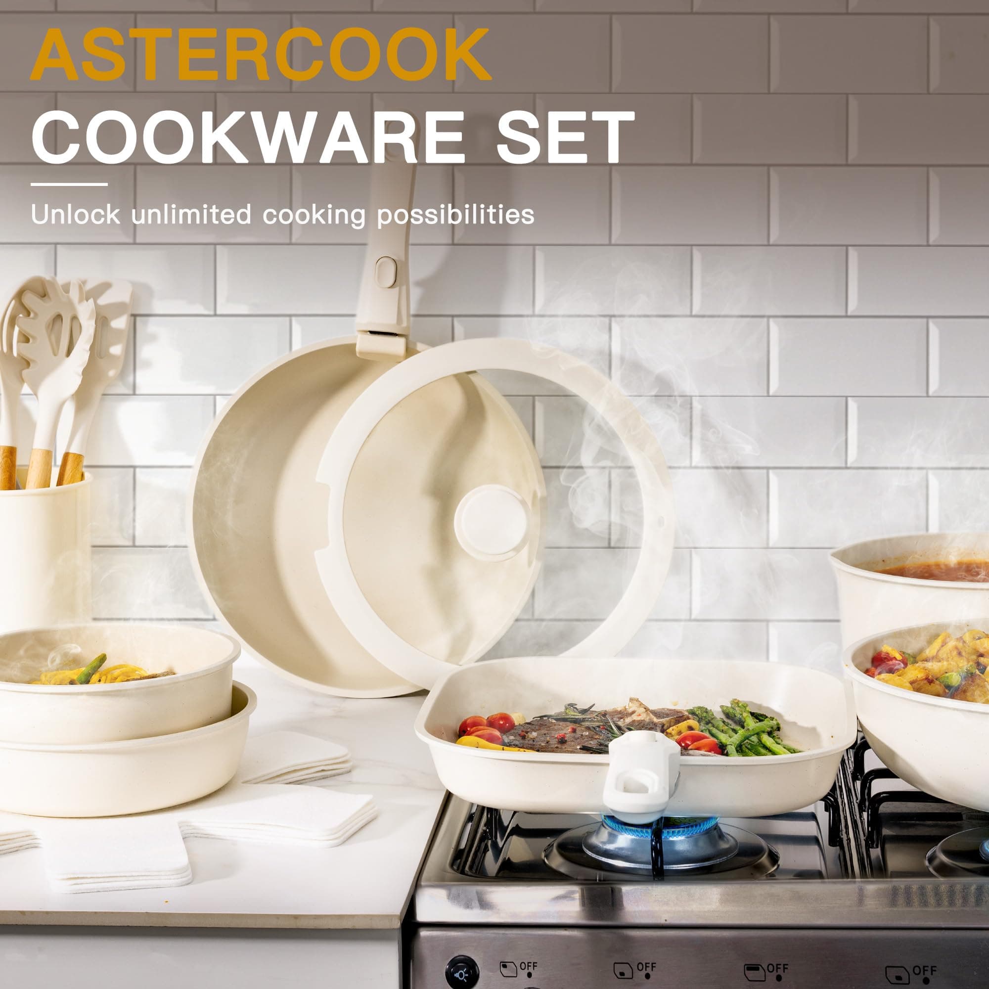 Astercook 23 Pcs Pots and Pans Set Non Stick, Ceramic Cookware Set Detachable Handle, RV Kitchen Cooking Set Removable Handles, Oven Safe, Induction Ready, Stackable, Cream, Fathers Day Gift for Men, view 7
