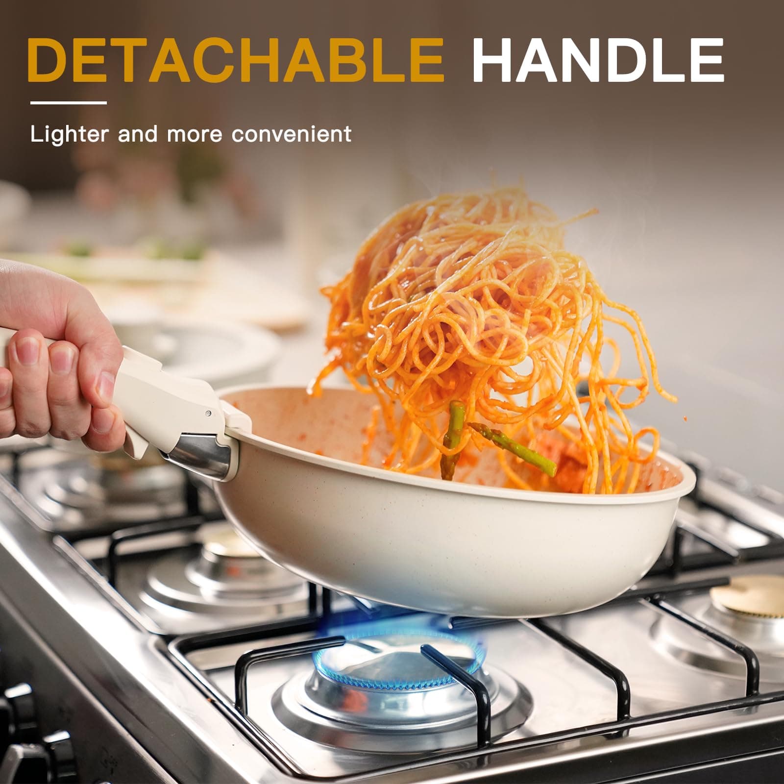 Astercook 23 Pcs Pots and Pans Set Non Stick, Ceramic Cookware Set Detachable Handle, RV Kitchen Cooking Set Removable Handles, Oven Safe, Induction Ready, Stackable, Cream, Fathers Day Gift for Men, view 2