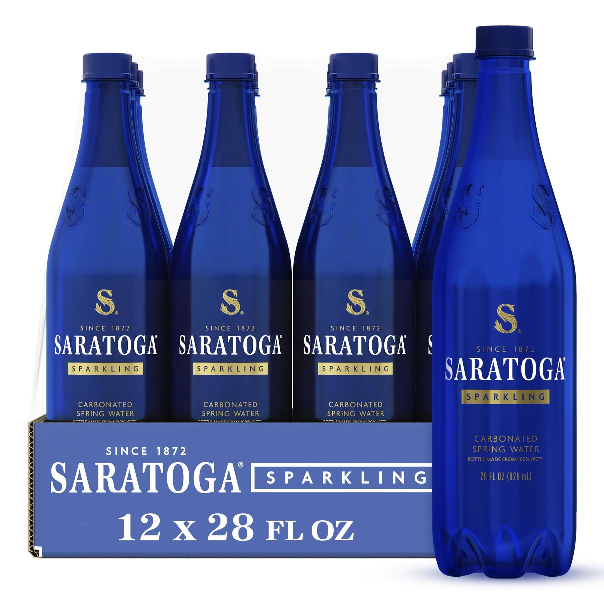 Saratoga Sparkling Water Bottles, 12-Pack – Carbonated Spring Bottled Water – Recycled PET Plastic Bottles – 28 Fl Oz