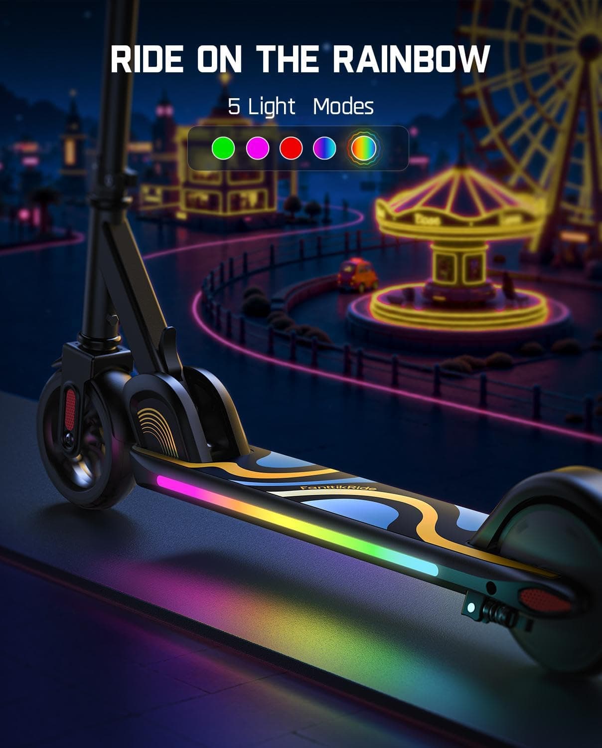 FanttikRide C9 Pro Kids Electric Scooter Ages 8-12, Colorful Rainbow Lights, E-Scooter for Kids 3.9-5.2 ft, 132 lbs, 5 Miles Range, Up to 40 min Ride Time, 5/8/10 MPH, 3 Adjustable Heights, Black, view 2