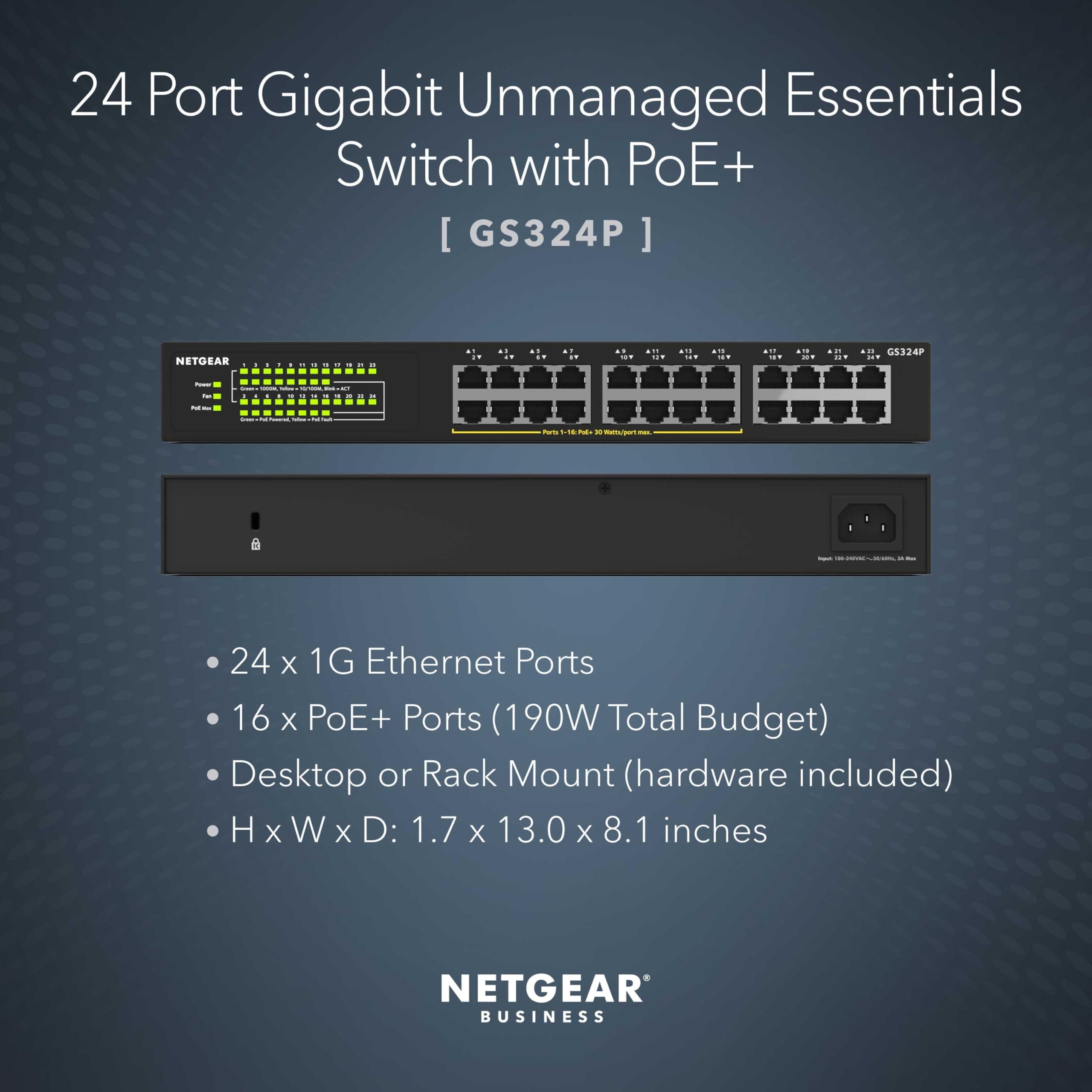 NETGEAR 24-Port PoE Gigabit Ethernet Unmanaged Network Switch (GS324P), view 2