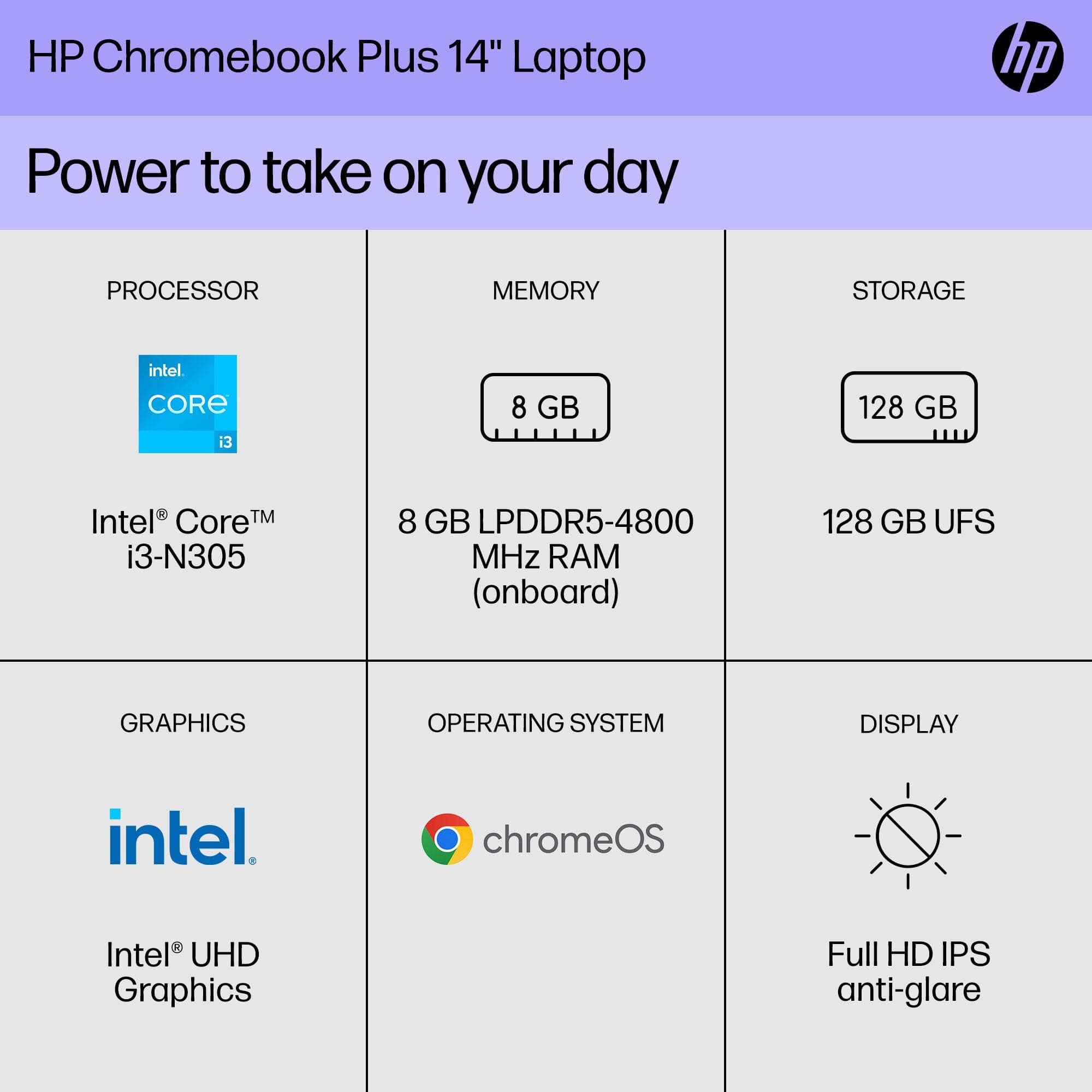 HP Chromebook Plus 14 inch Laptop, FHD Display, Intel Core i3-N305, 8 GB RAM, 128 GB UFS, Intel UHD Graphics, Chrome OS 14a-nf0050nr (2024), view 2
