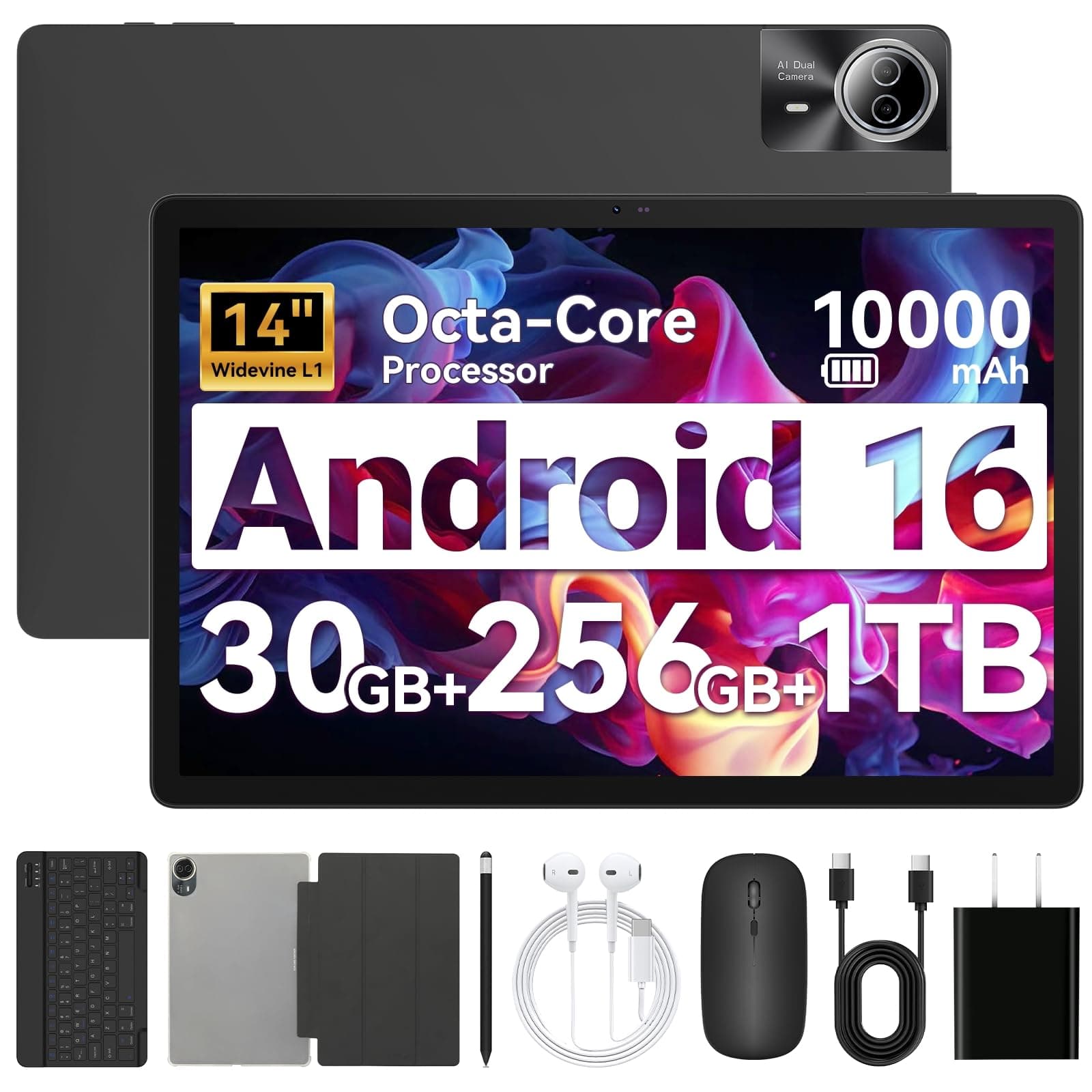 URAO Tablet｜14 inch Android 16 Tablet｜30GB RAM 256GB ROM ｜1920 * 1200 IPS FHD｜10000mAh 30W Fast Charging｜Octa-core Processor｜Wi-Fi 6, BT 5.4｜Dual Camera with Gemini AI｜Keyboard｜Stylus｜Case｜Headphone