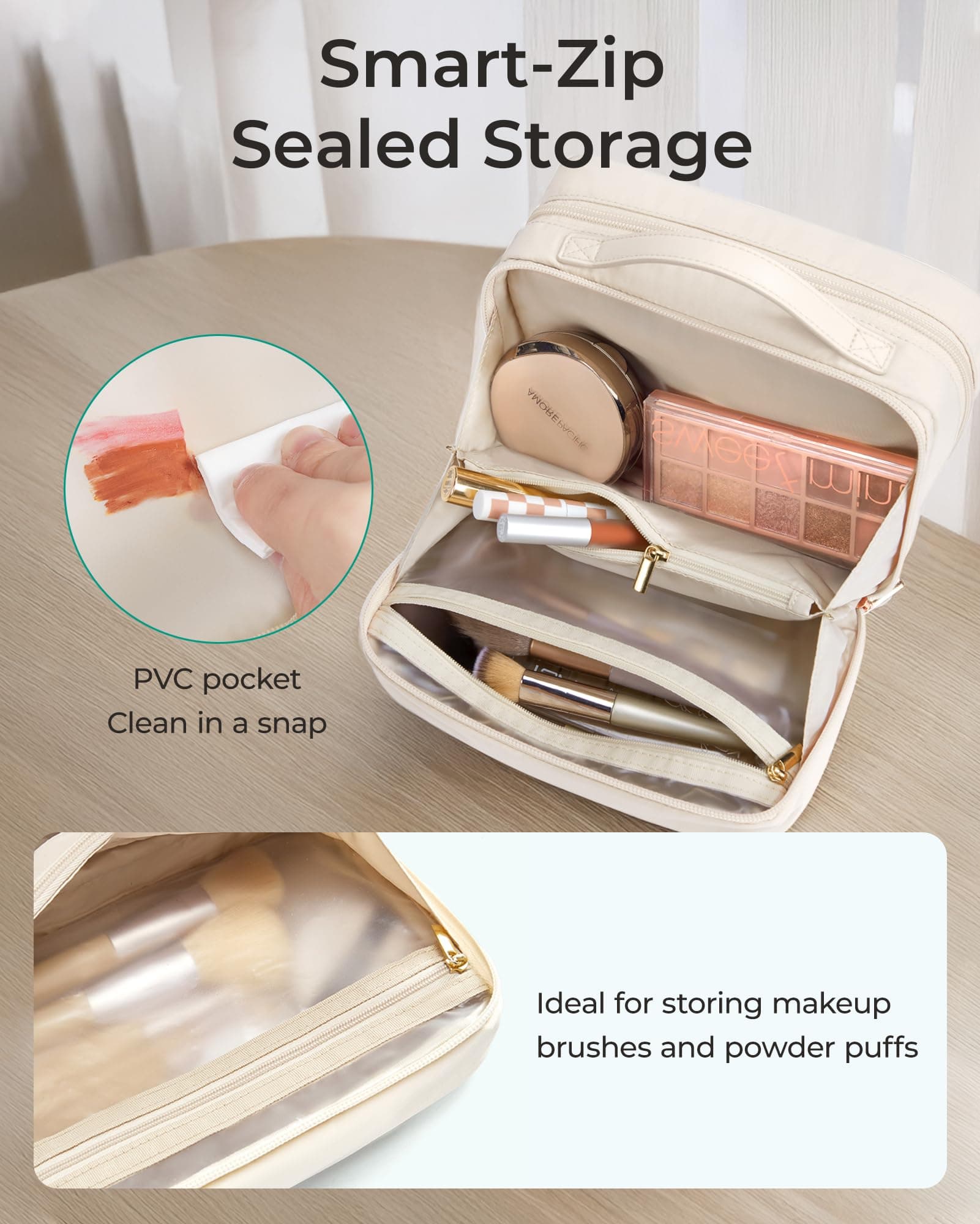 BAGSMART Travel Makeup Bag, Make Up Bag with Multiple Compartments for Organizer, Durable & Compact Cosmetic Organizer for Women for Travel Accessories (Beige), view 5