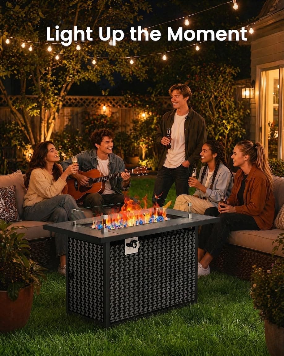 Ciays 43″ Fire Pit Table, Outdoor Propane Fire Pit Table with Premium Ceramic Tabletop, Glass Wind Guard, Lid, Glass Rock, 50,000 BTU CSA-Certified Gas Fire Pits for Outside Patio, Party, Deck, view 2