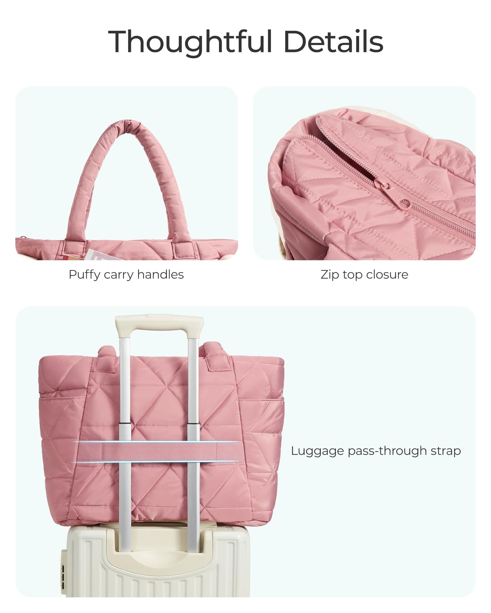 BAGSMART Tote Bag for Women, Puffy Tote Bag with Zipper, Large Quilted Shoulder Bag with Compartments for Travel, Work, Gym (Dark Pink), view 5