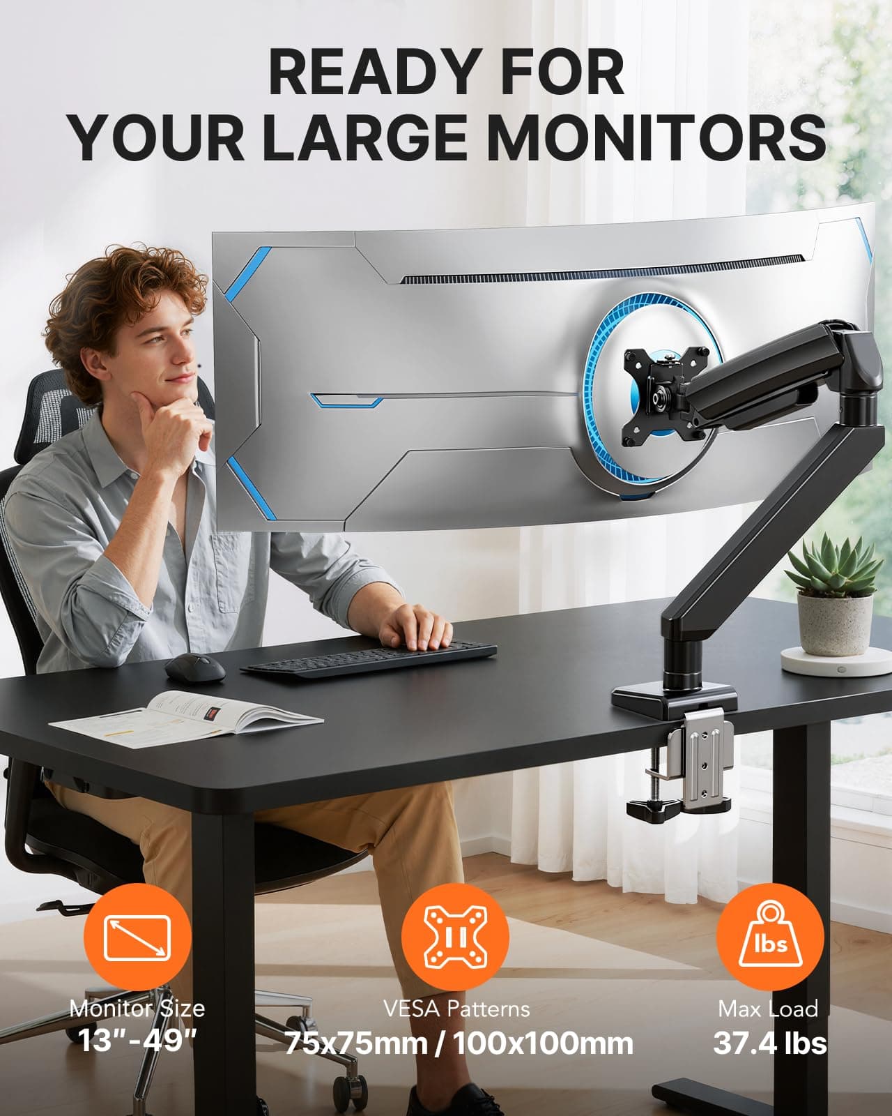 ErGear Heavy Duty Monitor Arm for 13-49″ Ultrawide Screens, 37.4 lbs Capacity, Full Motion Monitor Desk Mount, Rock-Solid Support, Dual C-Clamp & Grommet Mount, VESA 75x75/100x100mm, view 2