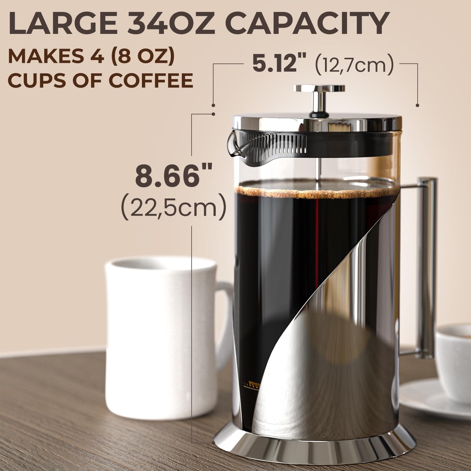 Cafe Du Chateau French Press Coffee Maker, 34 oz Glass, Stainless Steel, view 8