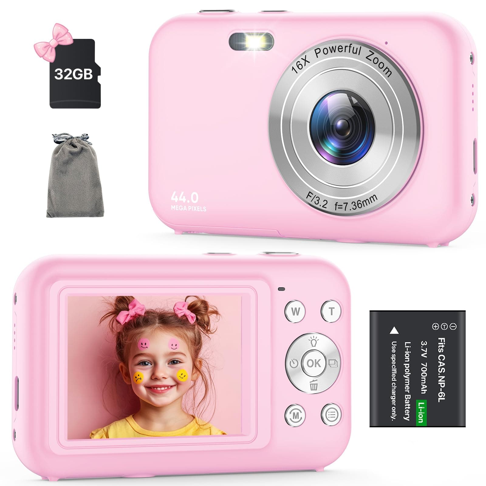 Digital Camera, Kids Camera with 32GB Card, FHD 1080P 44MP Vlogging Camera, 16X Zoom Point and Shoot Digital Camera Compact Portable Rechargeable Cameras for Teens Boys Girls Students Seniors-Pink, TickClip Tick verdict