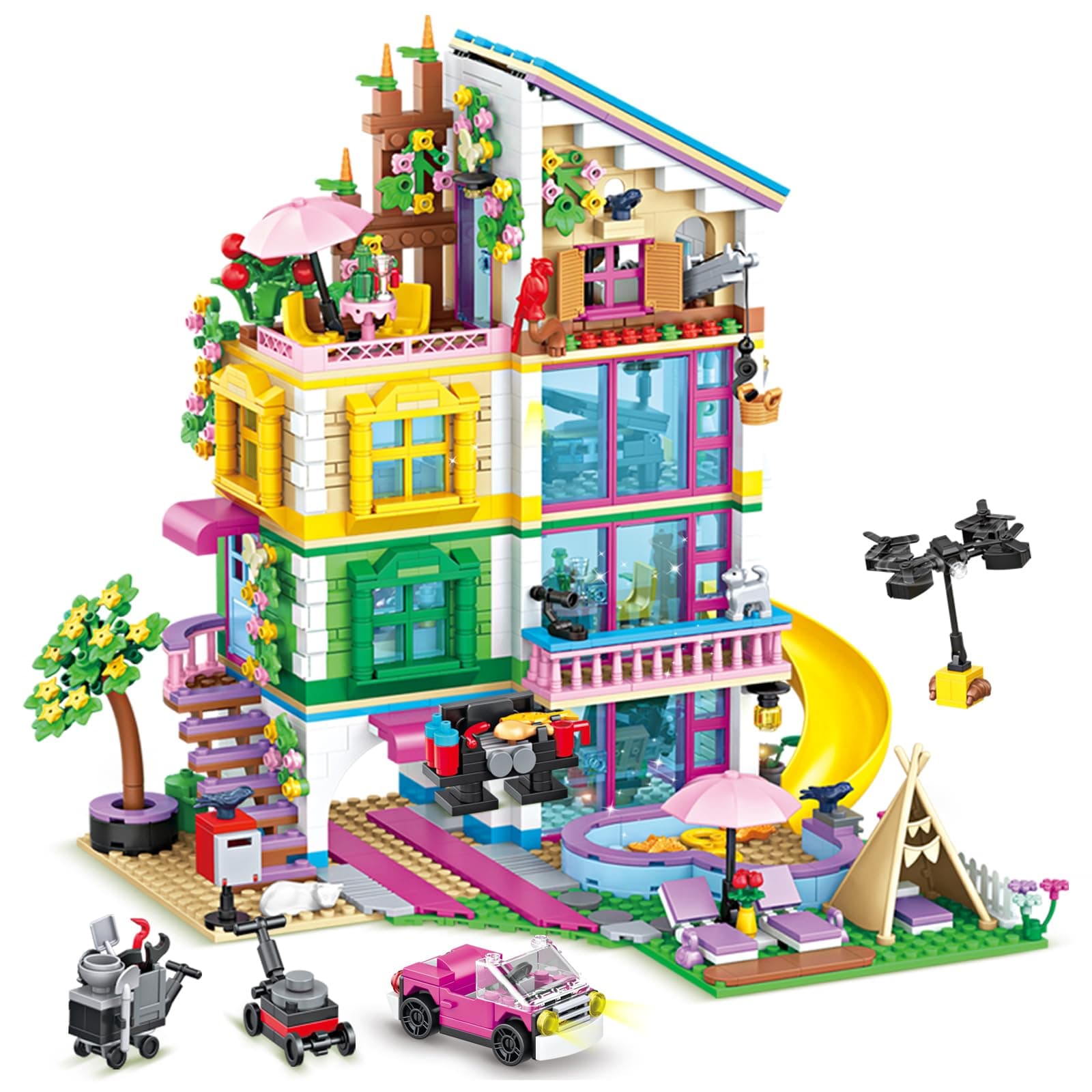 4-Story Villa Building Set for Girls, House Building Block Set with Heart Pool, Piano Room & Pink Car, 1310 Pcs Toys & Christmas Birthday Gifts for Kids Girls Ages 8-12, Compatible with Lego