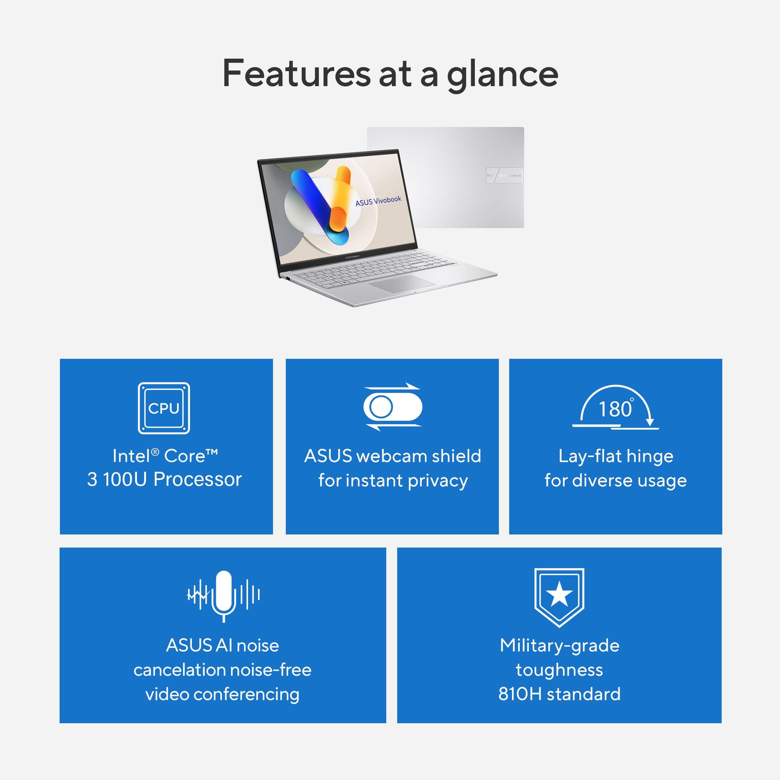 ASUS Vivobook 15 Laptop - 15.6” FHD Display- Intel® Core™ 3 100U - 8GB RAM - 256 GB SSD - Windows 11 Home - Cool Silver - F1504VA-PS34, view 3
