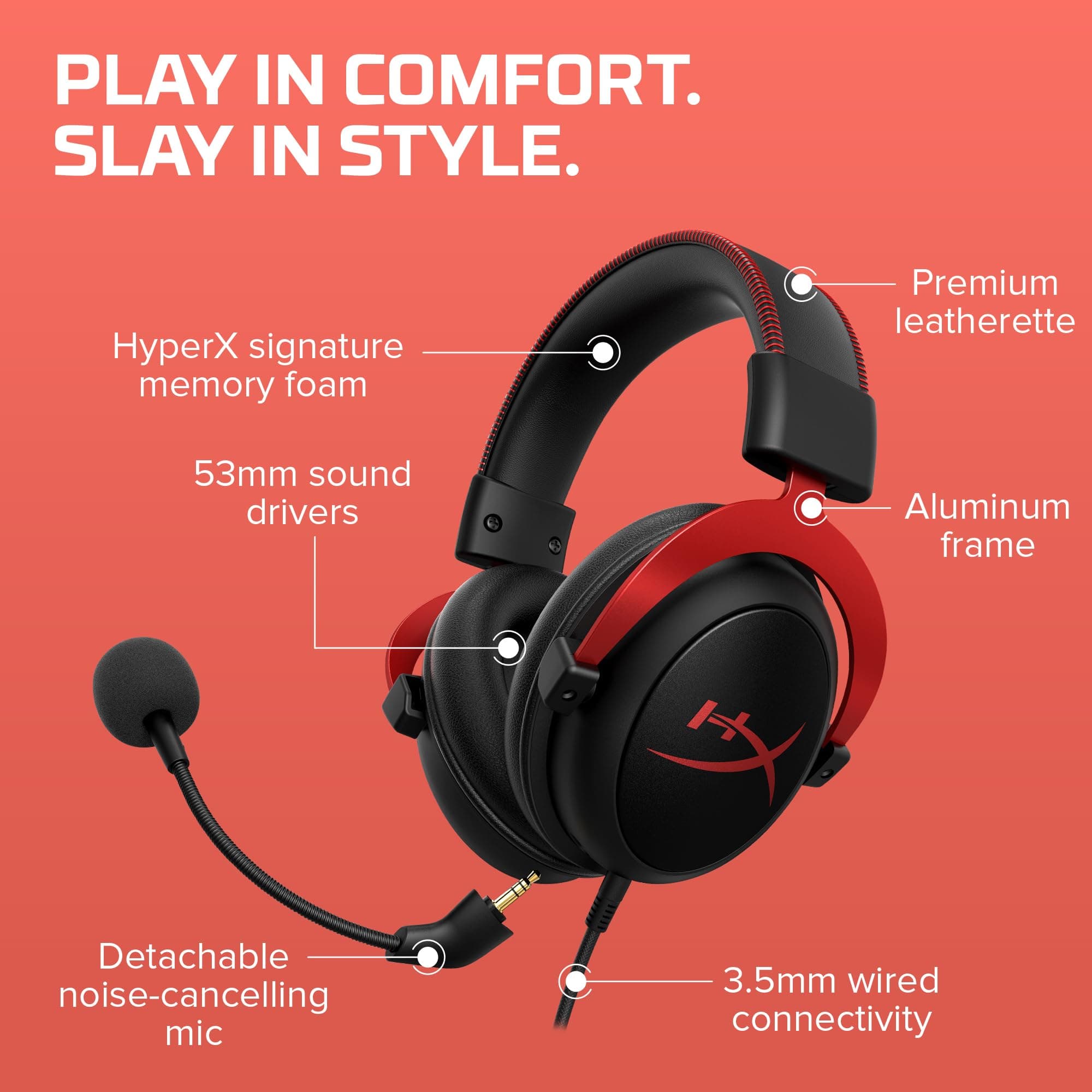 HyperX Cloud II Gaming Headset - 7.1 Surround Sound - Memory Foam Ear Pads - Durable Aluminum Frame - Multi Platform Headset - Works with PC, PS4, PS4 PRO, Xbox One, Xbox One S - Red (KHX-HSCP-RD), view 7