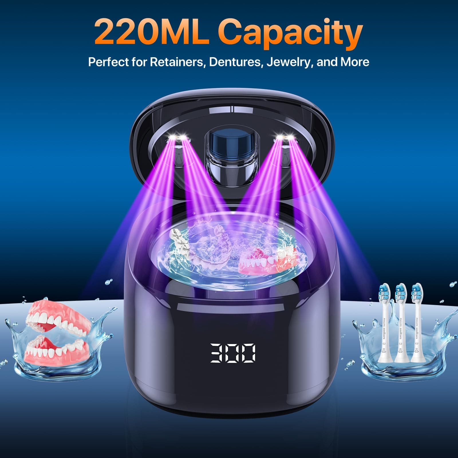 Ultrasonic Retainer Cleaner Machine, 49KHz 220ML Dental Cleaning Pod with Digital Timer, Deep Cleaning Ultrasonic Dentures Cleaner for Night Guards, Braces, Aligner, Toothbrush, Jewelry Black, view 5