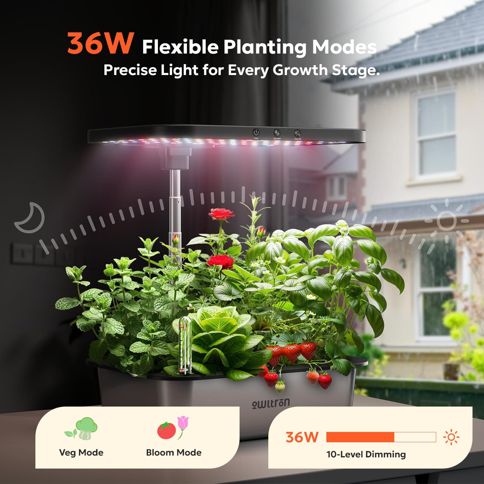 owltron Smart Hydroponics Growing System Kit,15 Pods Indoor Herb Garden with 36W LED Grow Light & APP Control, Planting Height Up to 30", Quiet Water Pump, Ideal Gift for All Ages Dark Silver, view 3