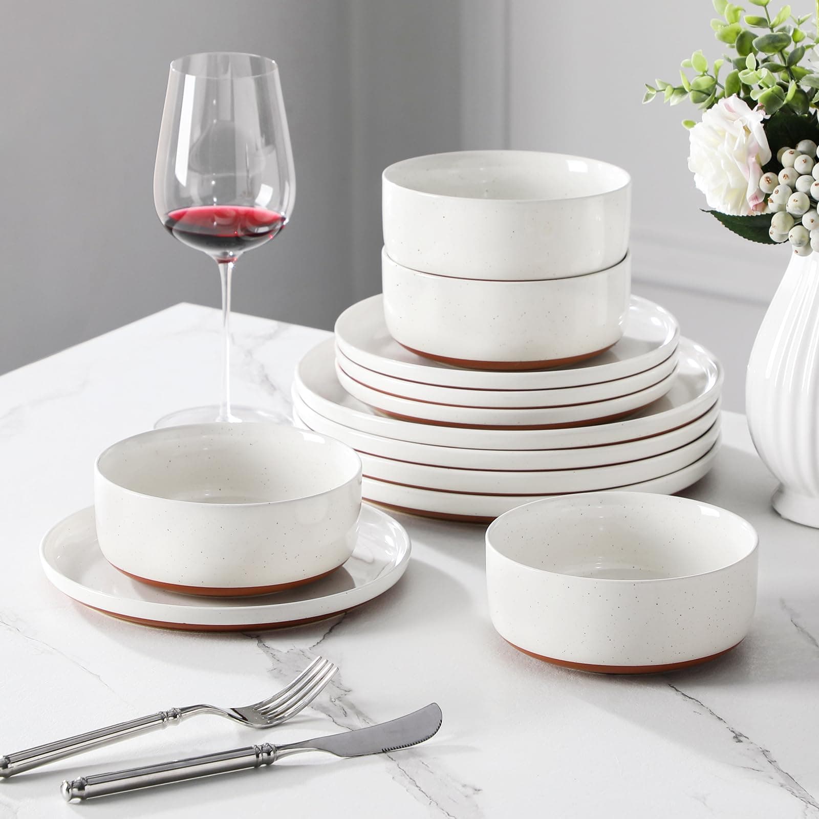MALACASA Plates and Bowls Sets, 12 Pieces Modern Stoneware Dinnerware Set for 4 Kitchen Dinner Set Ceramic Dishware Dishes Set Microwave and Dishwasher Safe, White, Series TARA, view 7