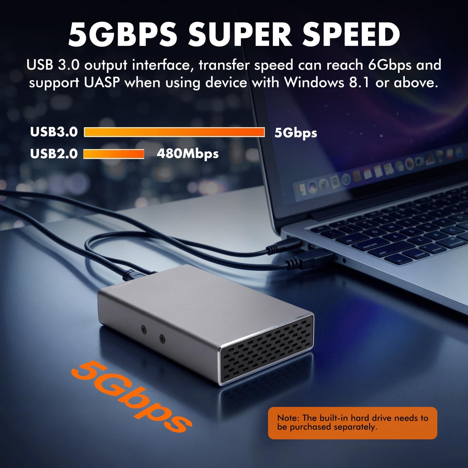 Ticfox 2 Bay RAID Enclosure for 2.5" SATA SSDs and HDDs, USB 3.0 Gen 2 5Gbps with UASP, RAID 0/1/JBOD/PM, 12TB Capacity, External Aluminum Hard Drive Enclosure, view 3