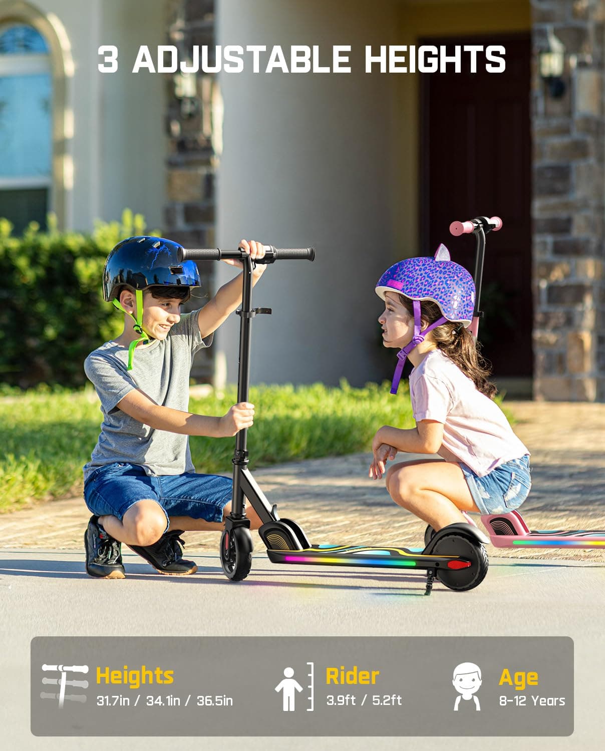 FanttikRide C9 Pro Kids Electric Scooter Ages 8-12, Colorful Rainbow Lights, E-Scooter for Kids 3.9-5.2 ft, 132 lbs, 5 Miles Range, Up to 40 min Ride Time, 5/8/10 MPH, 3 Adjustable Heights, Black, view 4