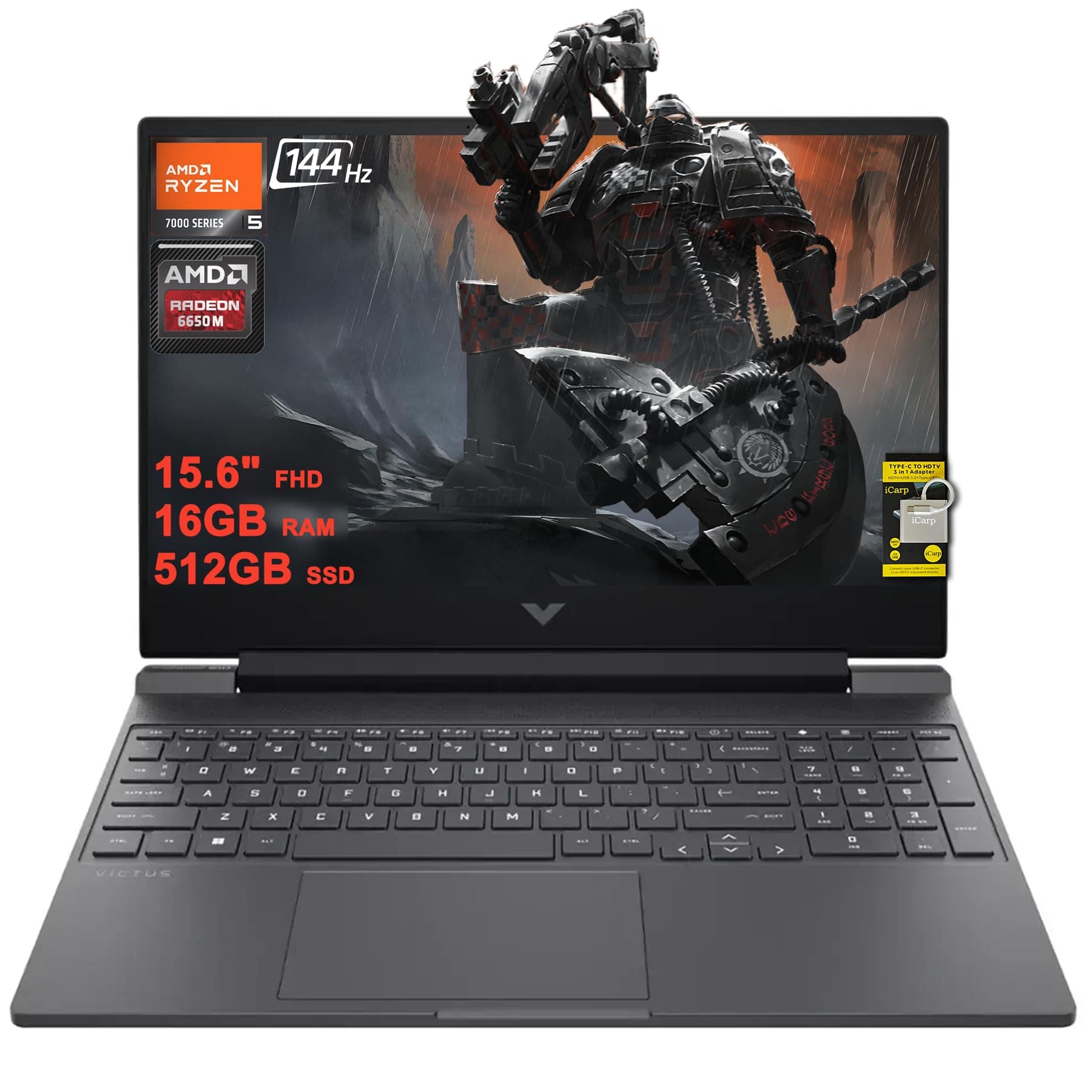 HP Victus 15 Gaming Laptop 15.6" FHD IPS 144Hz (AMD FreeSync Premium) AMD 6-core Ryzen 5 7535HS 16GB RAM 512GB SSD Radeon RX 6550M (>RTX3050) Backlit USB-C Fast Charging Win11 ICP Hub