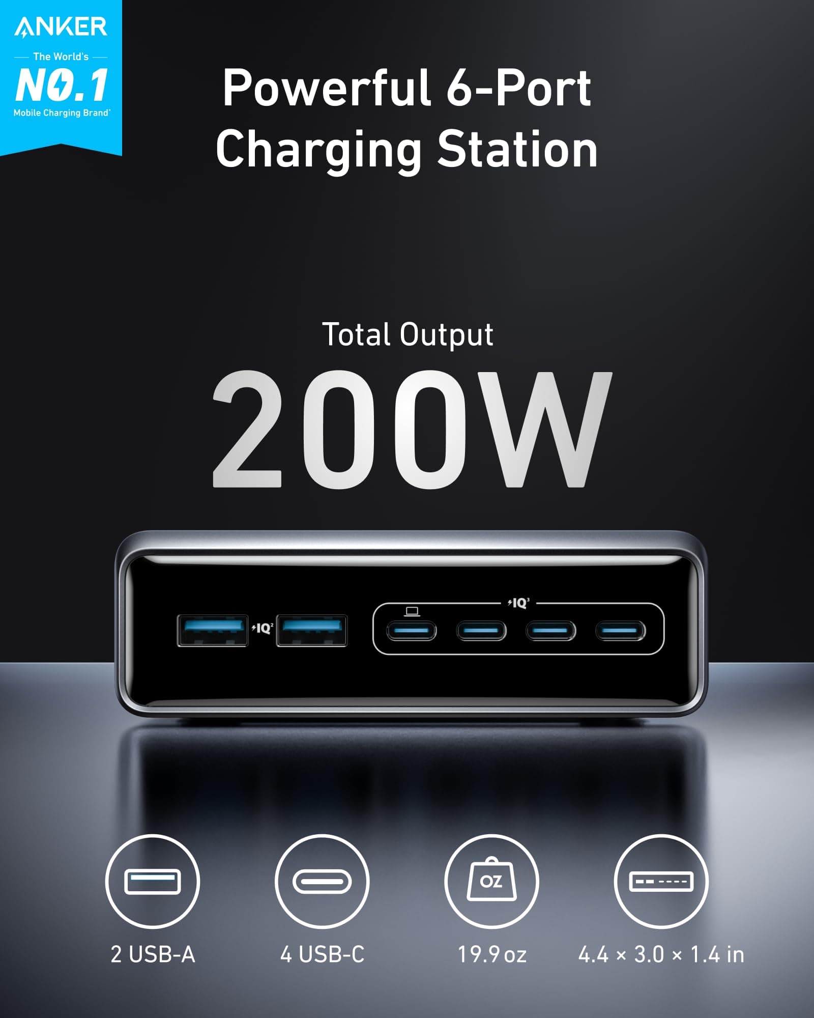 Anker Prime Charging Station, 200W 6-Port GaN Desktop Charger, view 2
