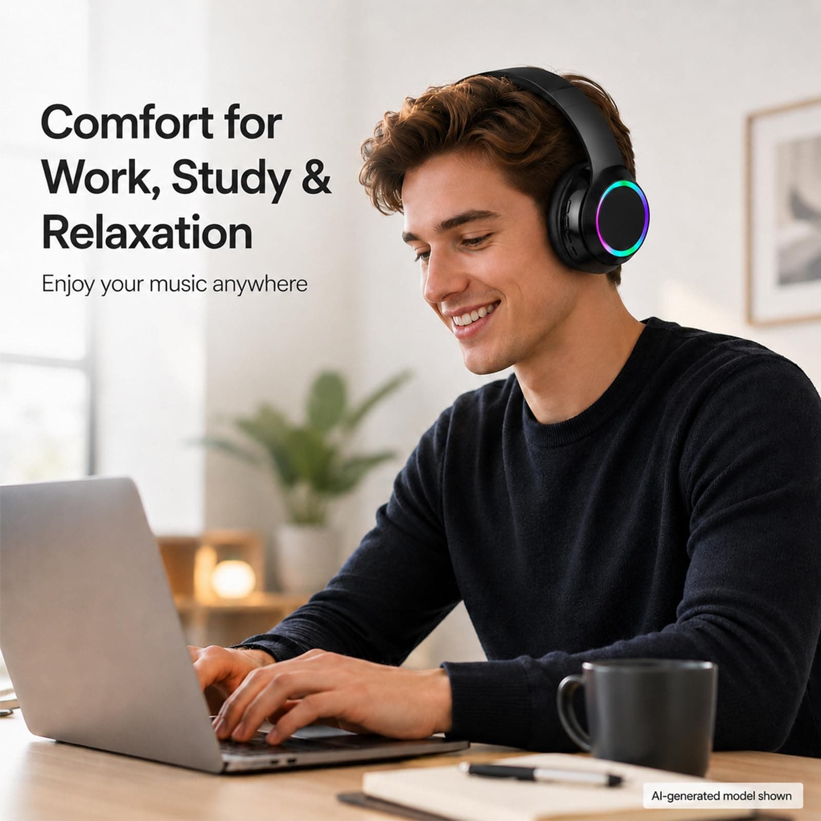 CYSRALFC Bluetooth Headphones, Over Ear Wireless Headphones, RGB Light, Foldable Lightweight Headset with Microphone, Wireless Headphones for Cell Phone, Music, Gaming, School, Home Office, view 5